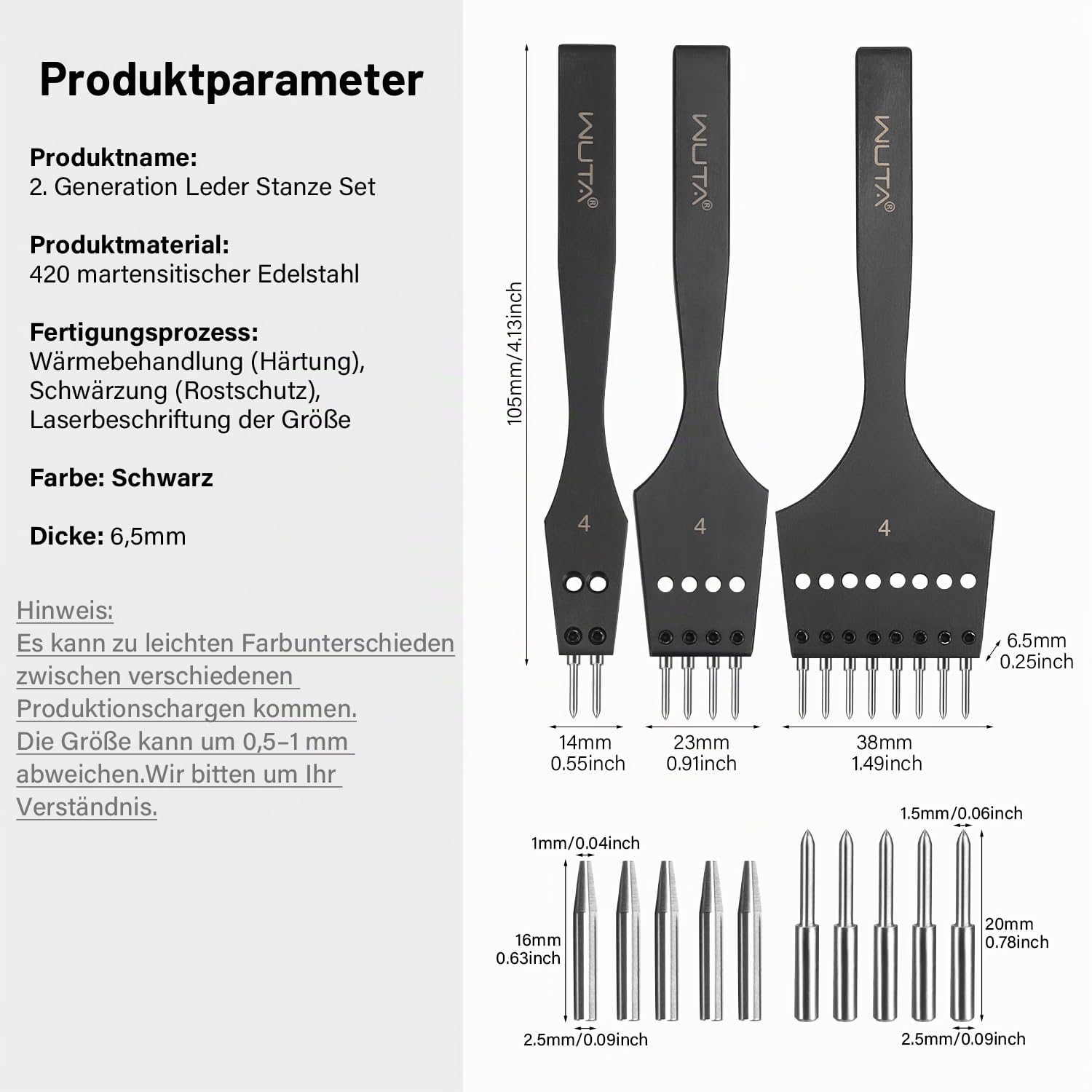 WUTA 2. Generation Leder Zinken Stanze Set mit Austauschbarem Meißelkopf & Runden Hohlkopf- DIY Lederverarbeitung Set(4mm-2+4+6)