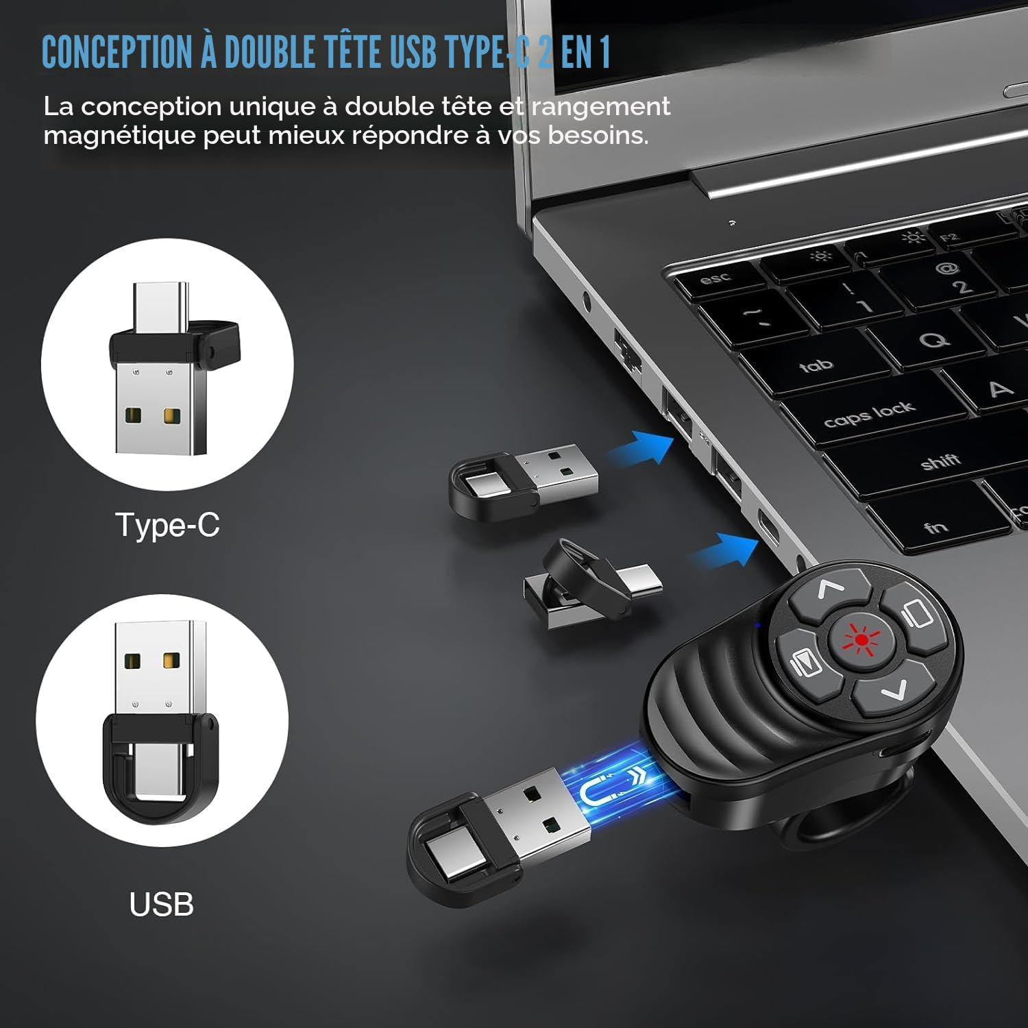 Anneau de Doigt Telecommande Powerpoint Rechargeable Pointeur Presentation USB Type-C 2 en 1 PPT Zapette Wireless Presenter Sans Fils pour Mac iPad PC Portable