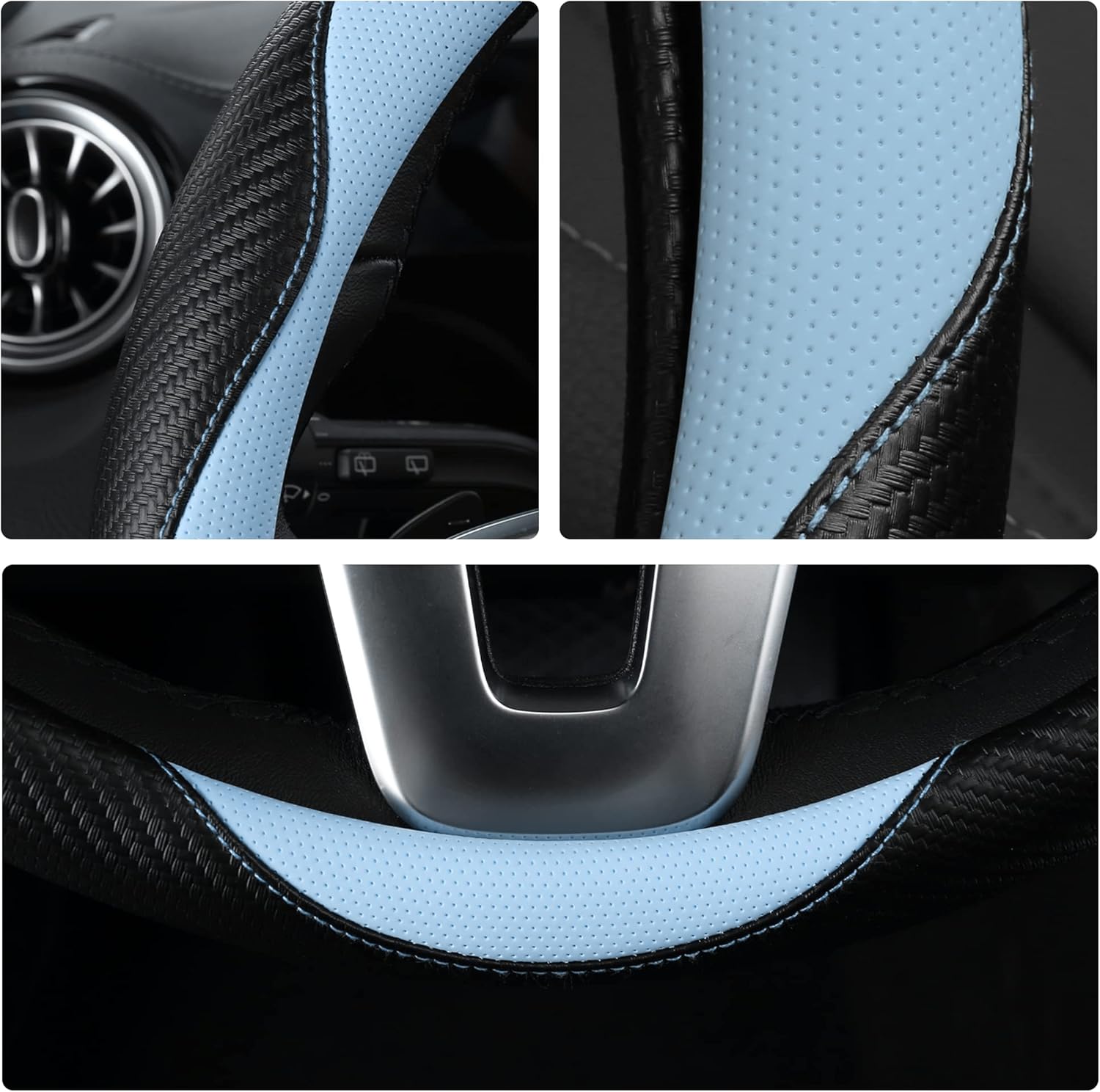 HighnessHwoo Car Steering Wheel Covers for Women Padded Carbon Fiber PU Leather Cute Auto Interior Accessories for Vehicle, Sedan, Universal, Anti Slip, Blue, Standard Size, 14.75-15.15in