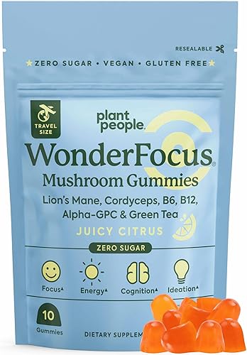 Plant People WonderFocus - Gomitas de hongos con melena de león y Cordyceps Suplemento cerebral nootrópico que aumenta la concentración de la