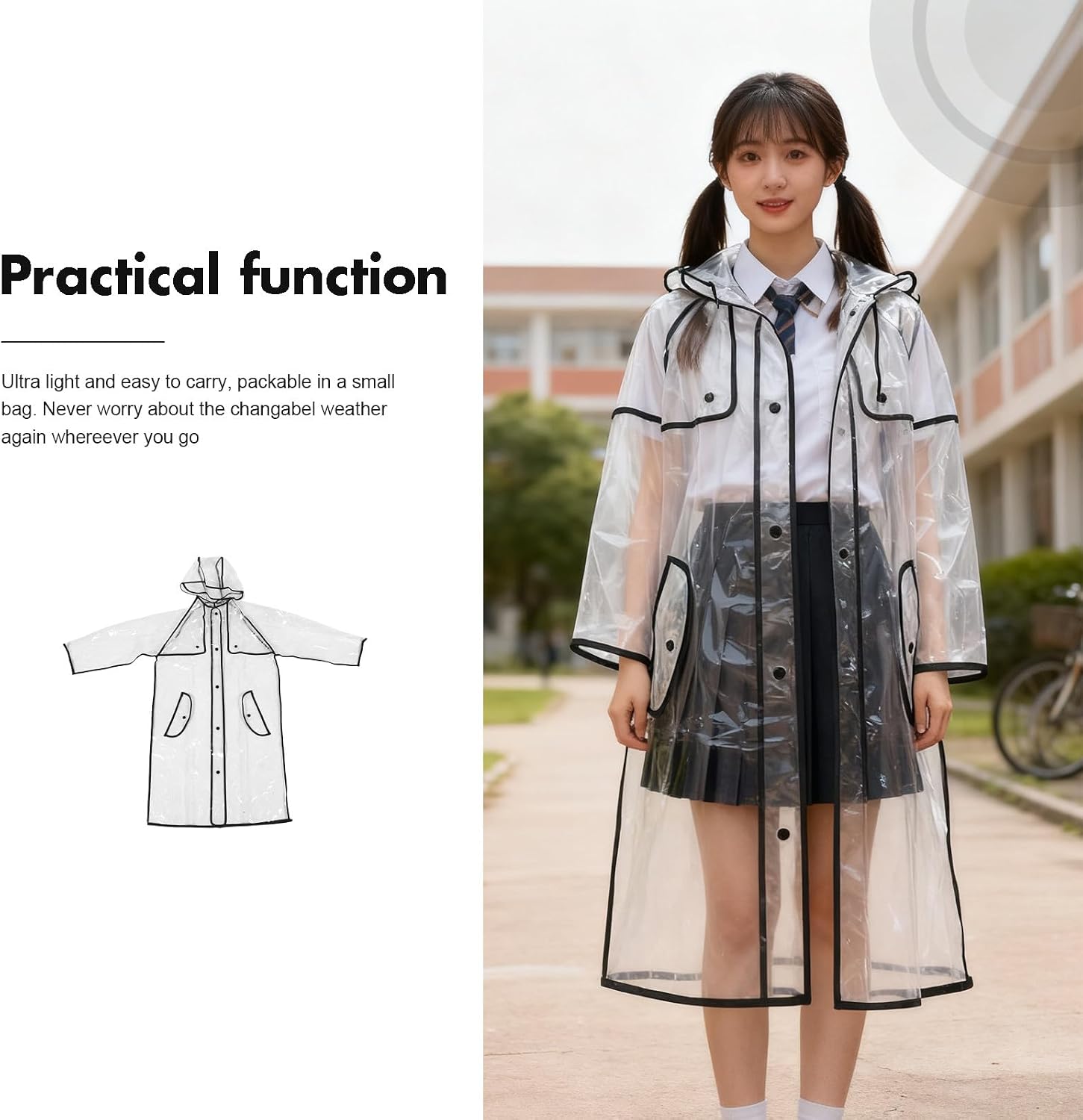TOYANDONA Child Raincoat Transparent Hooded - Student Clear Waterproof Rain Jacket With Black Border - Lightweight Poncho, Button Closure For Kids Over 140cm Height