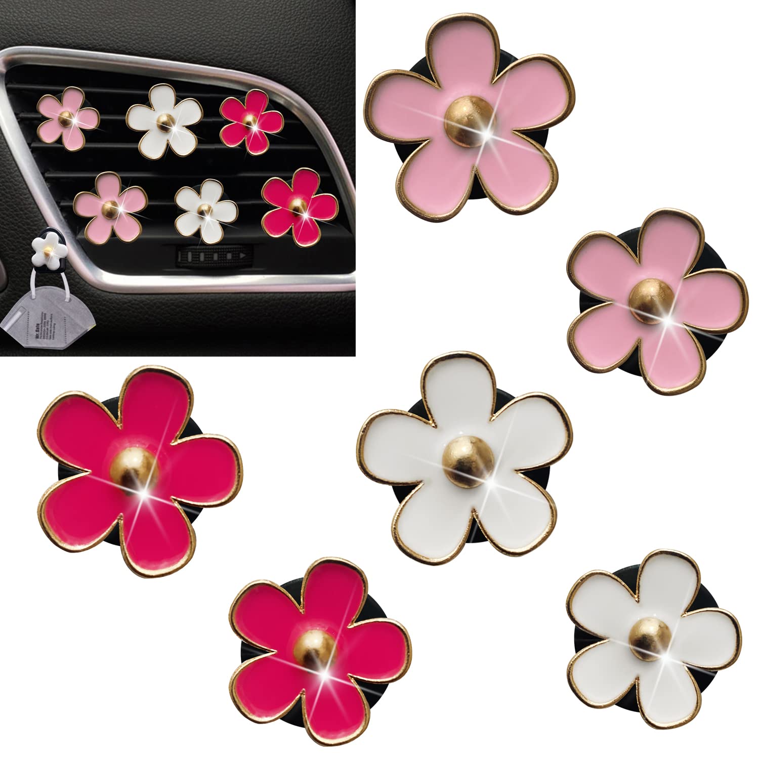 6 Daisy Car Decorations: Cute Flower Air Vent Clips - Dashboard Outlet Clip, Car Air Freshener - Rose Red