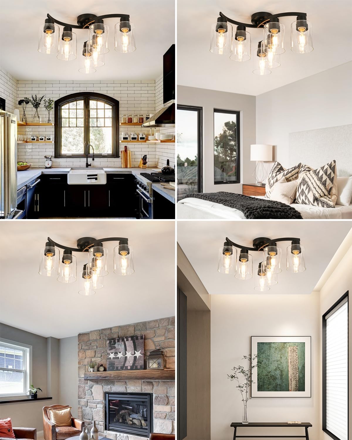 WILON 20'' 6-Light Large Black Semi Flush Mount Ceiling Light Fixture with Clear Glass Shades, Modern Farmhouse Chandelier for Dining Room Living Kitchen