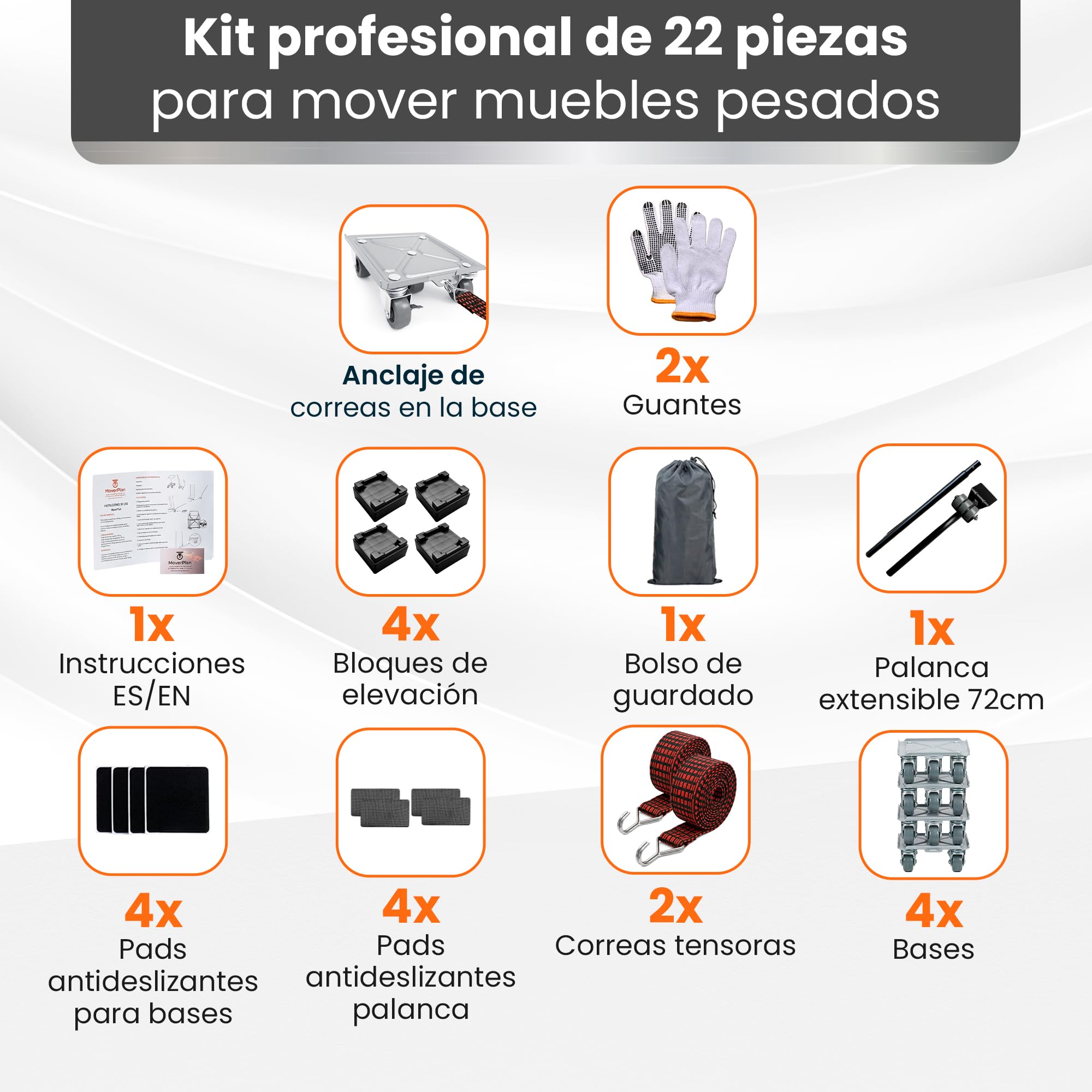 Ruedas para Mover Muebles Pesados 600kg - Elevador Muebles con 5 Ruedas 360°, Acero Reforzado, Correas de Amarre, Palanca Extensible, Kit Profesional 22 Piezas