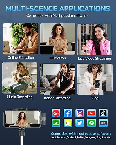 Miniatura 7 de Micrófono Lavalier inalámbrico profesional para iPhone iPad, micrófono de clip omnidireccional inalámbrico, micrófono Plug-Play para entrevista,
