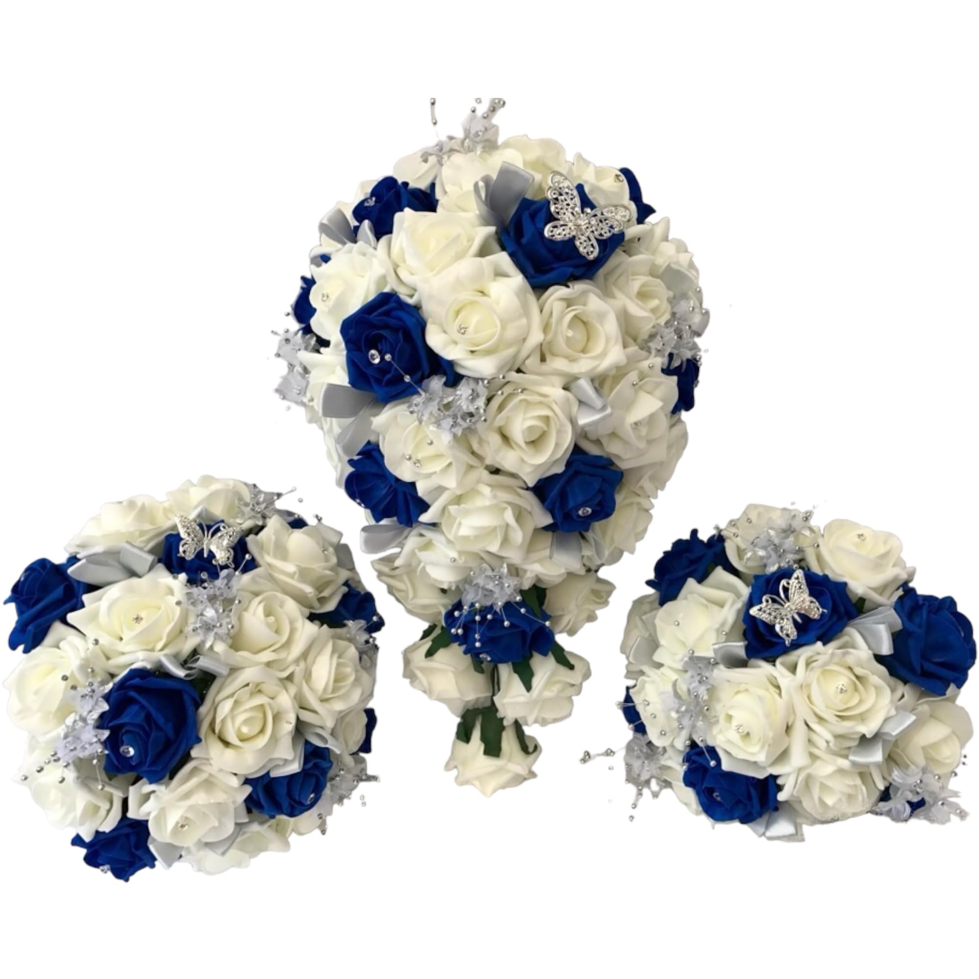 Wedding Bouquets Royal Blue Artificial Foam Roses with Silver Ribbons and Butterflies