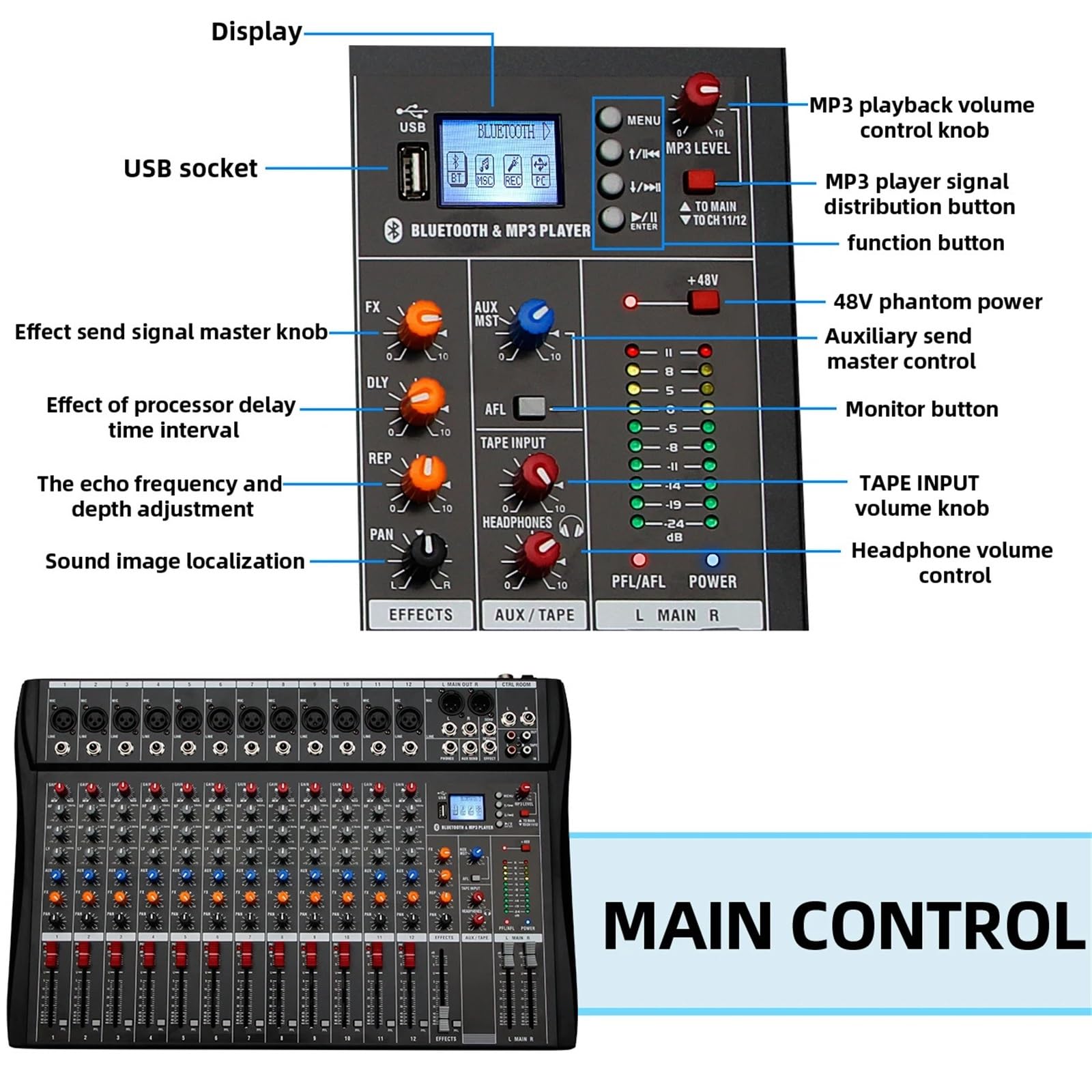 Controller DJ, Mixer professionale a 12 canali, console da studio, ingresso USB MP3, alimentazione Phantom 48 V, console DJ