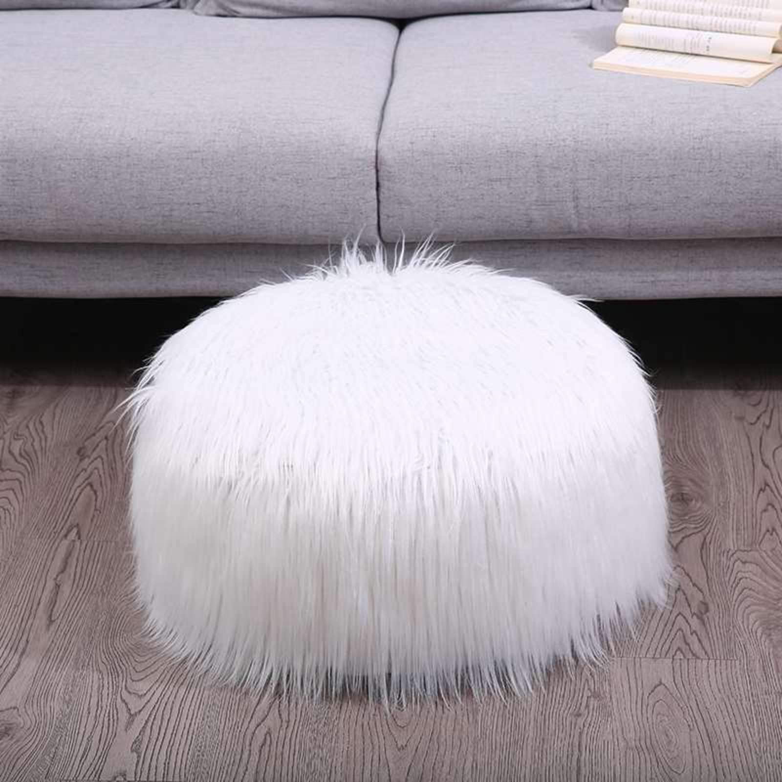 Tabouret pouf ottoman blanc en cuir rond 50x25cm assise peluche douce