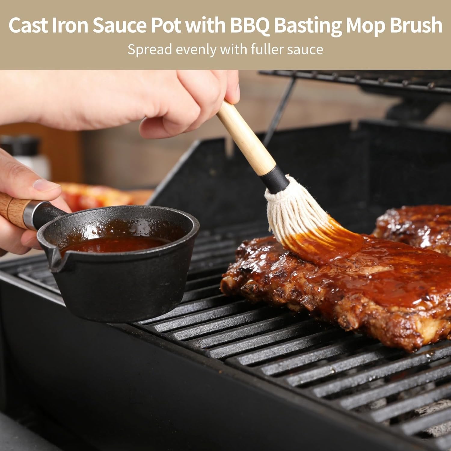 Melting Pot with Rack and Cast Iron Sauce Pot, Basting Mop Brush with 3 Refills, Loofah Sponges, 4.3 in, Versatile BBQ Accessories for Grill, Smoker, Stove
