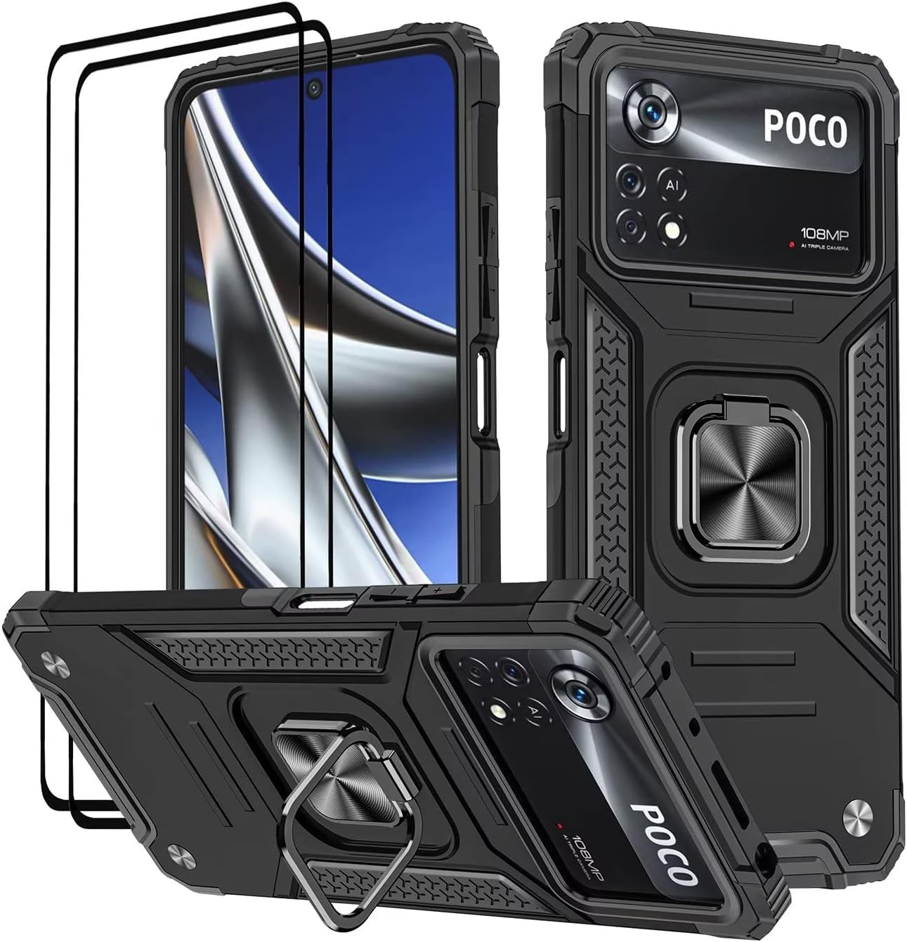 KANSi Case for Xiaomi POCO X4 Pro 5G, Tempered Glass [2 Pack] Protective Silicone TPU Shockproof Tough Armor Hard Cover - Black