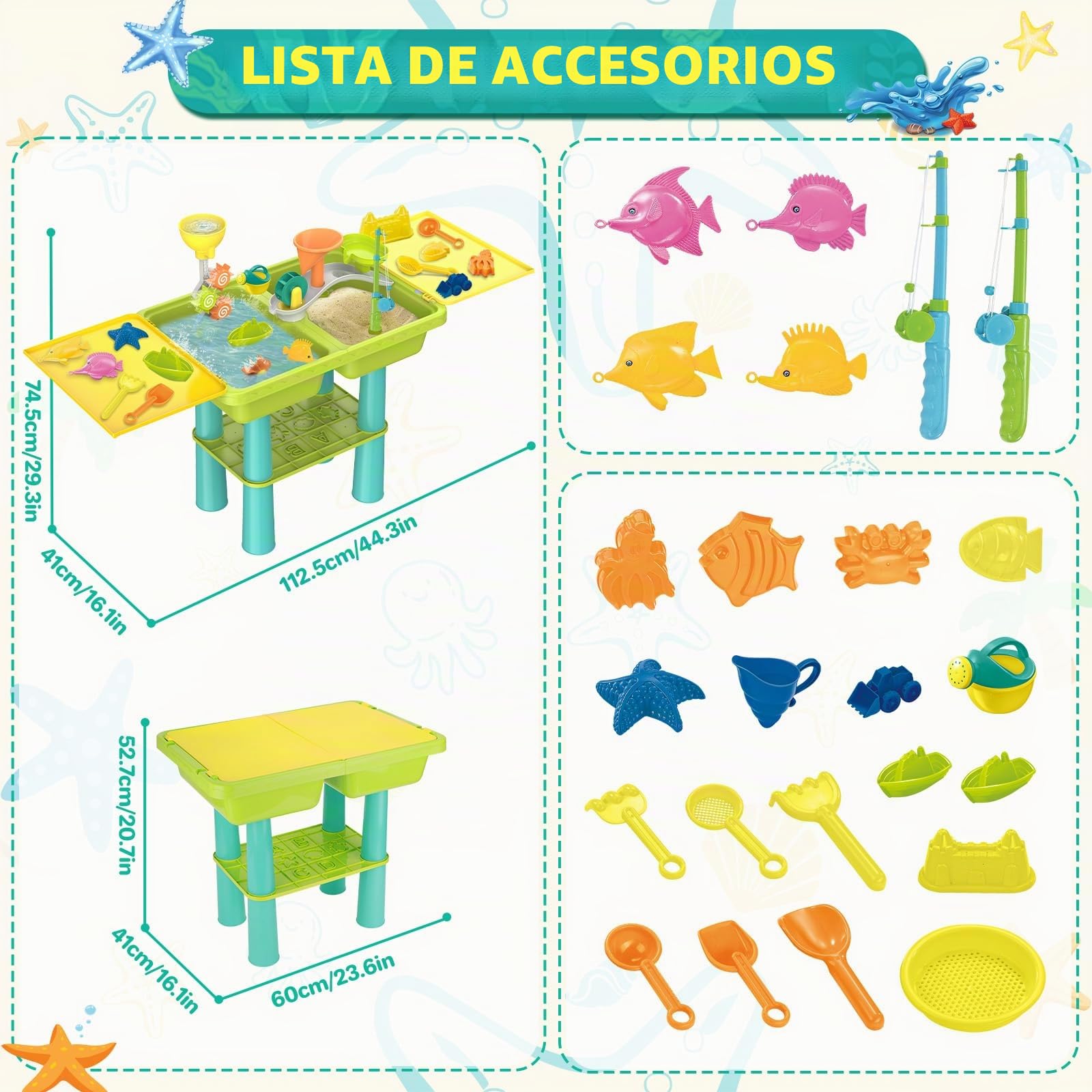 deAO Mesa de Agua y Arena 3 en 1 para Niños - Juegos Mesa Sensorial Infantil con Palas, Rastrillo, Regadera y Caña de Pescar - Juegos al Aire Libre, Jardín- Regalo para Niños de 3+ Años (Verde)
