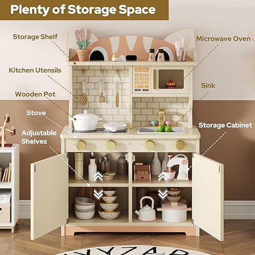 Miniatura 3 de Cocina de madera para bebés de 3 a 8 años, juego de cocina con diseño de gato con microondas, estufa, fregadero, perillas de clic, juguete de