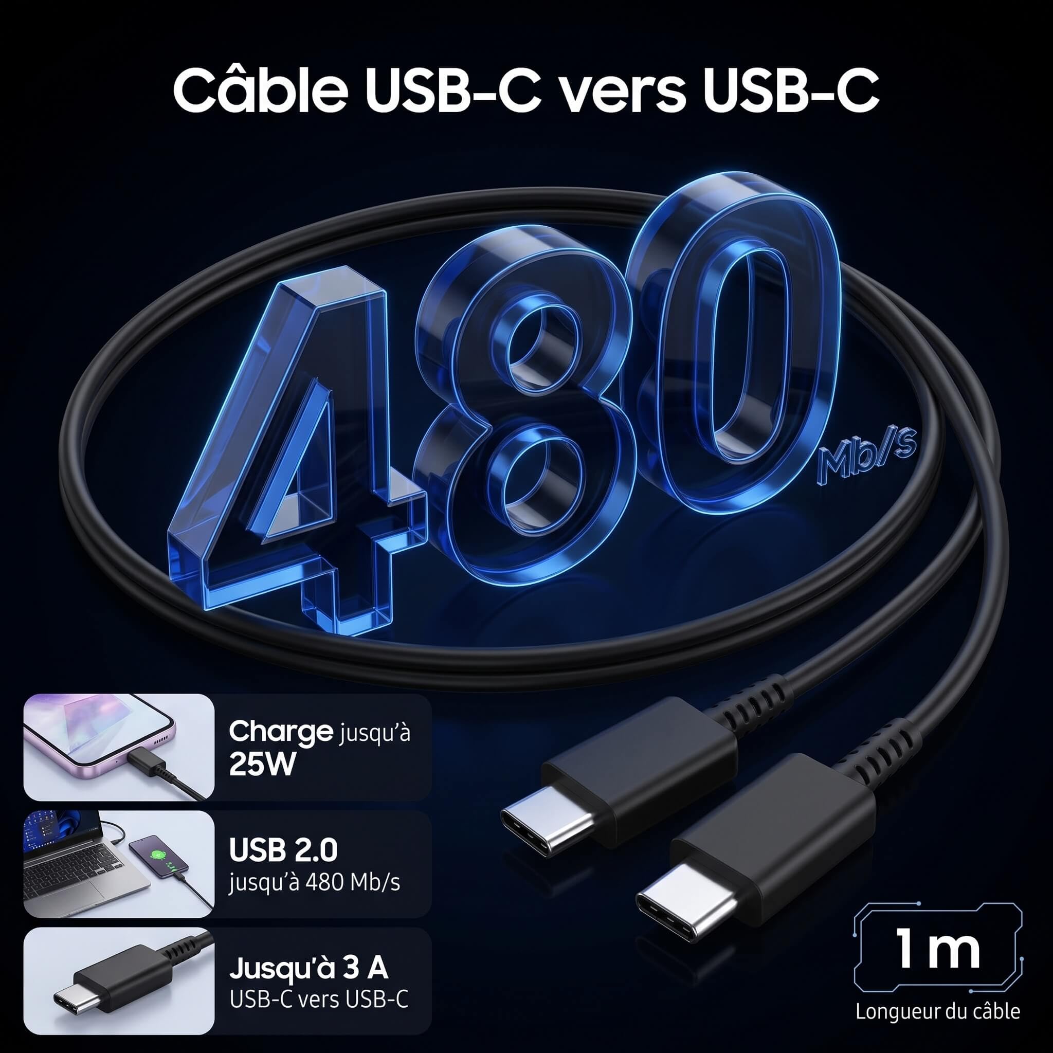 Chargeurs USB-C 25W,[Lot de 5], avec 5 Câbles Type-C vers Type-C 1 m, Charge Rapide, Compatible avec Samsung Galaxy S22/S22+/S22 Ultra