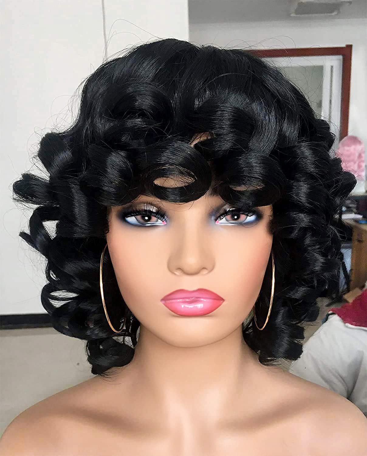 Annivia Short Curly Wig for Women with Bangs Big Bouncy Fluffy Kinky Curly Wig Soft Synthetic Short Curly Afro Wig (Black) Annivia Short Curly Wig for Women with Bangs Big Bouncy Fluffy Kinky Curly Wig Soft Synthetic Short Curly Afro Wig (Black)