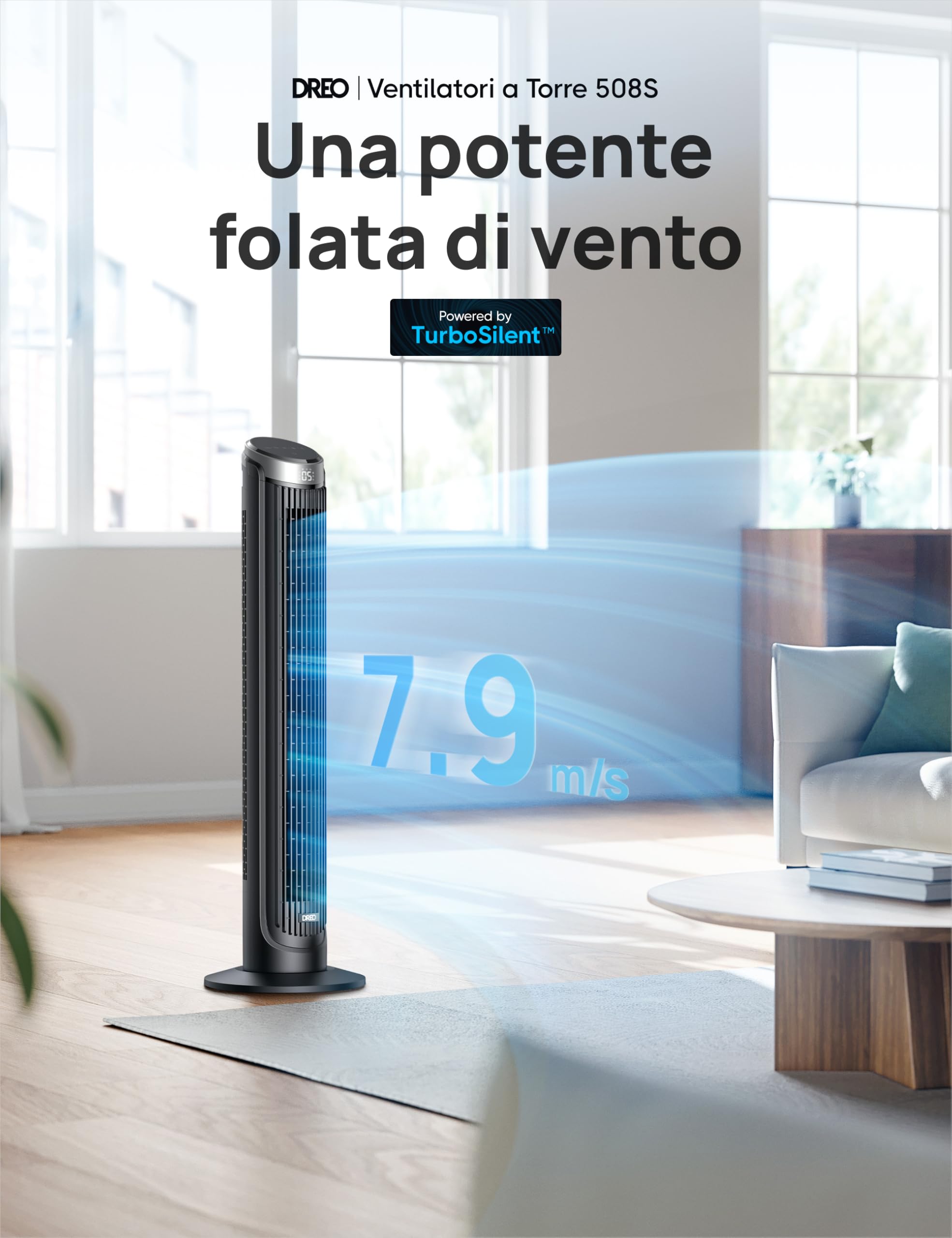DREO Smart Ventilatore a Torre Silenzioso, Oscillazione a 90°, Ventilatore con Telecomando per Camera da Letto, 7.9m/s, 5 Livelli, 4 Modalità, Touch/Telecomando/App & Vocale, Alexa, 12H Timer, Argento
