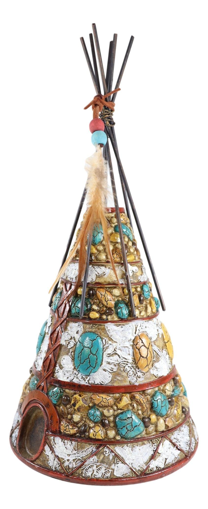 Ebros 34,3 cm große, rustikale indische Tipi-Hütte mit Traumfänger-Federn, Perlen und türkisfarbenen Steinen, Figur Wildtiere, Westerndekoration