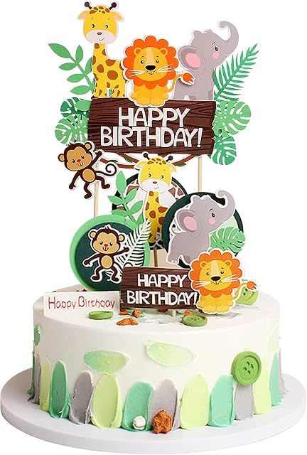 Birthday Cake Toppers Jungle Animal Cake Toppers Happy Birthday Cake Decoration for Giraffe Lion Monkey Elephant Theme Birthday Party Decorations Supply (5Pcs)