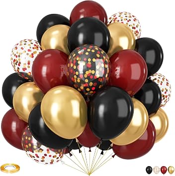 Black and Burgundy Balloons, 60pcs 12Inch Black Burgundy Gold Balloons,Metal Gold and Confetti Balloon for Graduation Kids Birthday Baby Shower New Year Party Decoration
