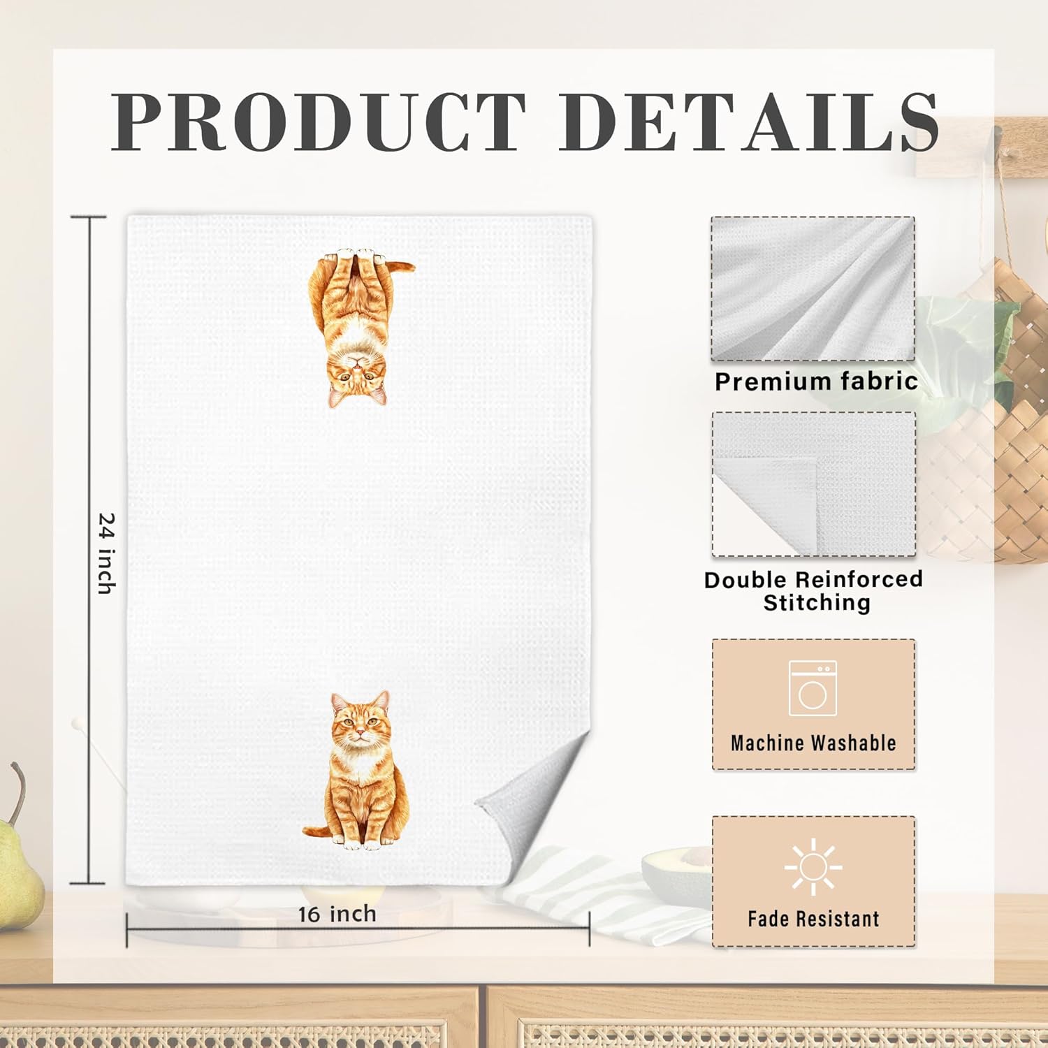 Orange Tabby Cat Kitchen Dish Towels, Orange Cat Gifts, Cats Lovers Mom Gifts Decorative Hand Towels for Bathroom, 16x24 Inch - Image 7