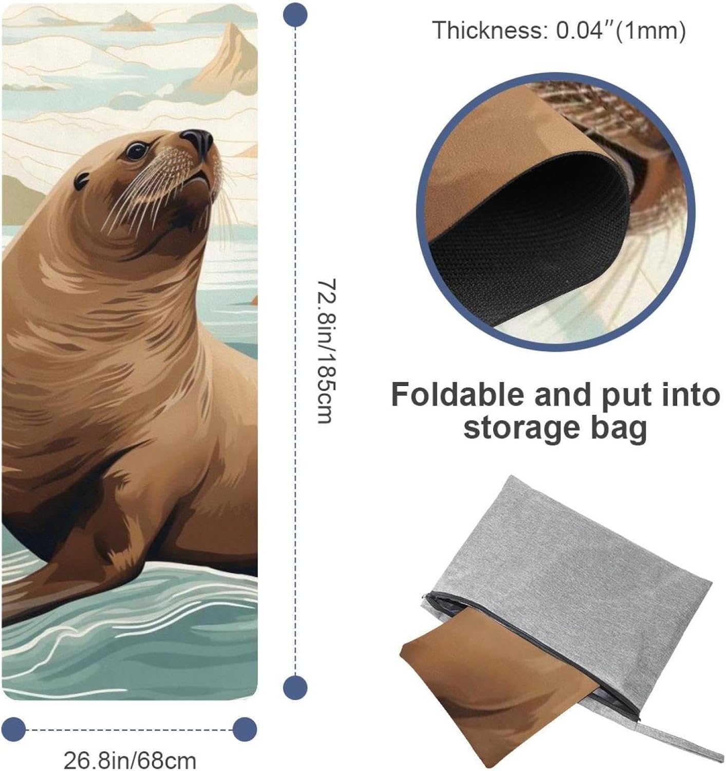 Yoga Towel, Sea Lion Pattern Non Slip Sweat Absorbent Hot Yoga Mat Towel for Hot Yoga, Pilates and Fitness - 72.8" x 26.8"
