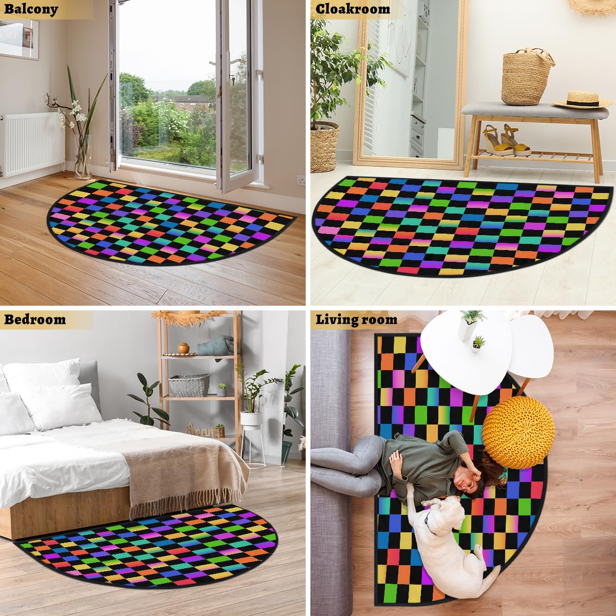 Große halbrunde Fußmatte, regenbogenfarben, kariert, saugfähig, rutschfest, halbrund, Eingangsbereich, niedlich, weich, halbrund, waschbar, Teppich für Küche, Badezimmer, Schlafzimmer, 160 x