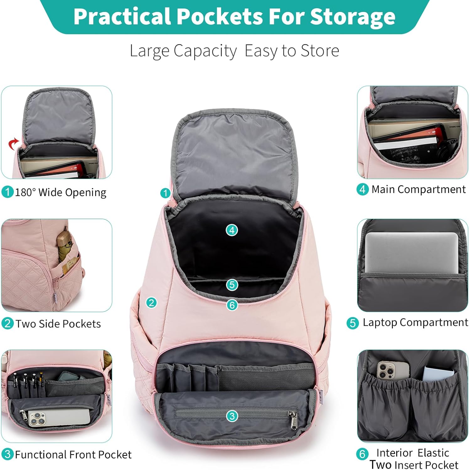 NOL Natural Organic Lifestyle Women's Quilted Puffer Backpack, Large Waterproof Lightweight Puffy Bookbag, Carry on Daypack for Travel, Work (Pink)