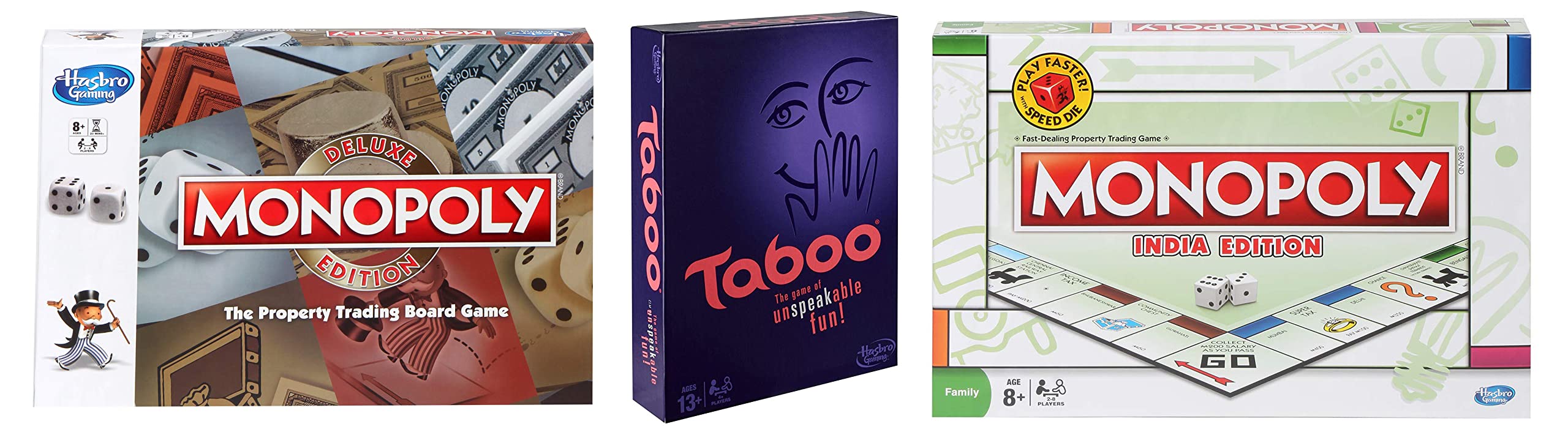 Monopoly Deluxe Edition Game, Fantasy Board Game, Games & Puzzles and Up & MONOPOLY India Edition Game, Board Game & Puzzles & Hasbro Taboo Board Game, Guessing Game