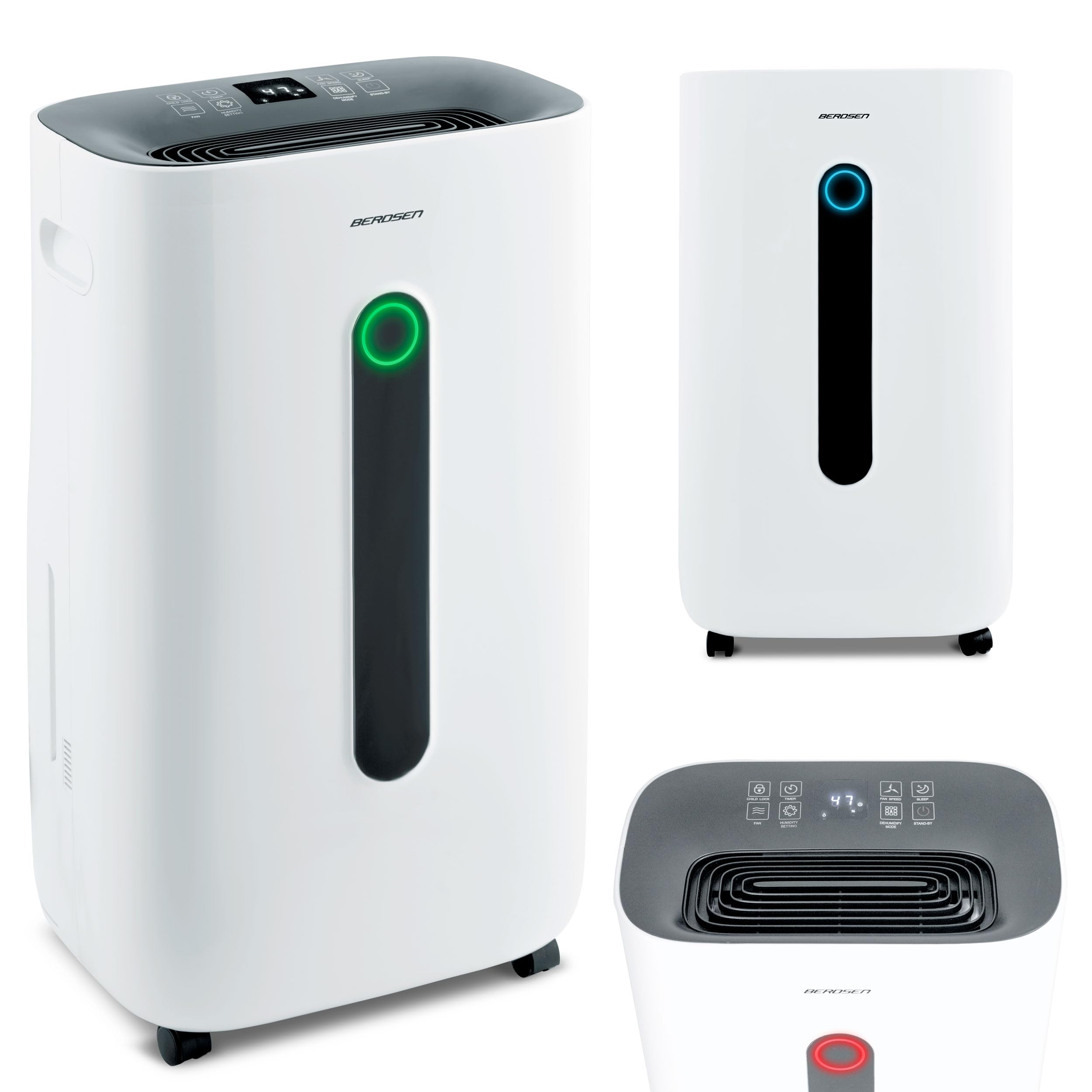 Berdsen BD-523 - Deshumidificador de aire con ventilador y ropa (absorbedor de humedad, con filtro, para habitaciones grandes de hasta 60 m³, para sala de estar y bodega, 20 l al día