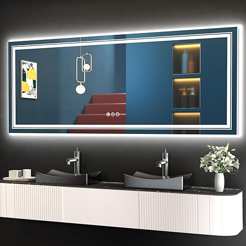 LED Bathroom Mirror, 60"X24" with Front and Backlit, Anti-Fog, Large Bathroom Vanity Mirror for Wall, Memory Function, Stepless Dimmable, Tempered Glass (Horizontal/Vertical)