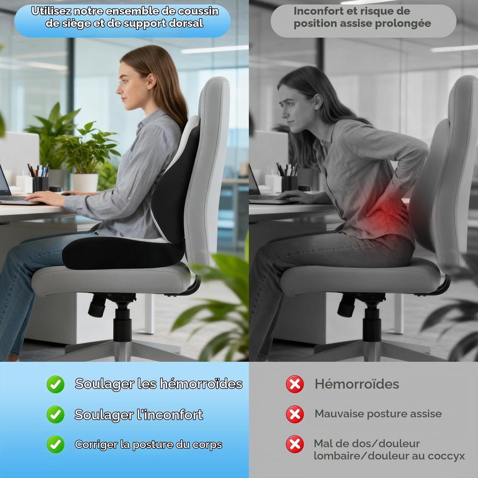 Coussin Ergonomique Assise en Mousse Mémoire - Coussin de Décoccyx pour Siège de Bureau et Voiture, Soulagement de la Douleur Lombaire, pour Chaise Gaming et Fauteuil