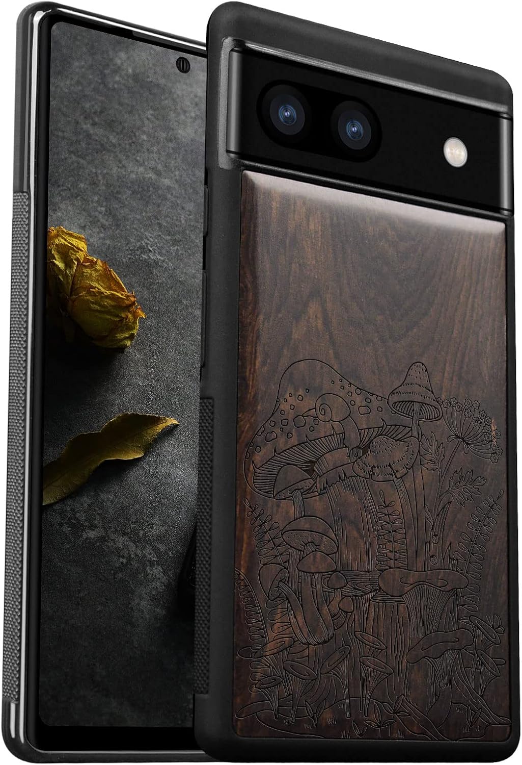 Carveit Wood Case for Pixel 6a Case [Natural Wood & Black Soft TPU] Shockproof Protective Unique & Classy Wooden Cover Compatible with Google Pixel 6a (Mushrooms-Blackwood)