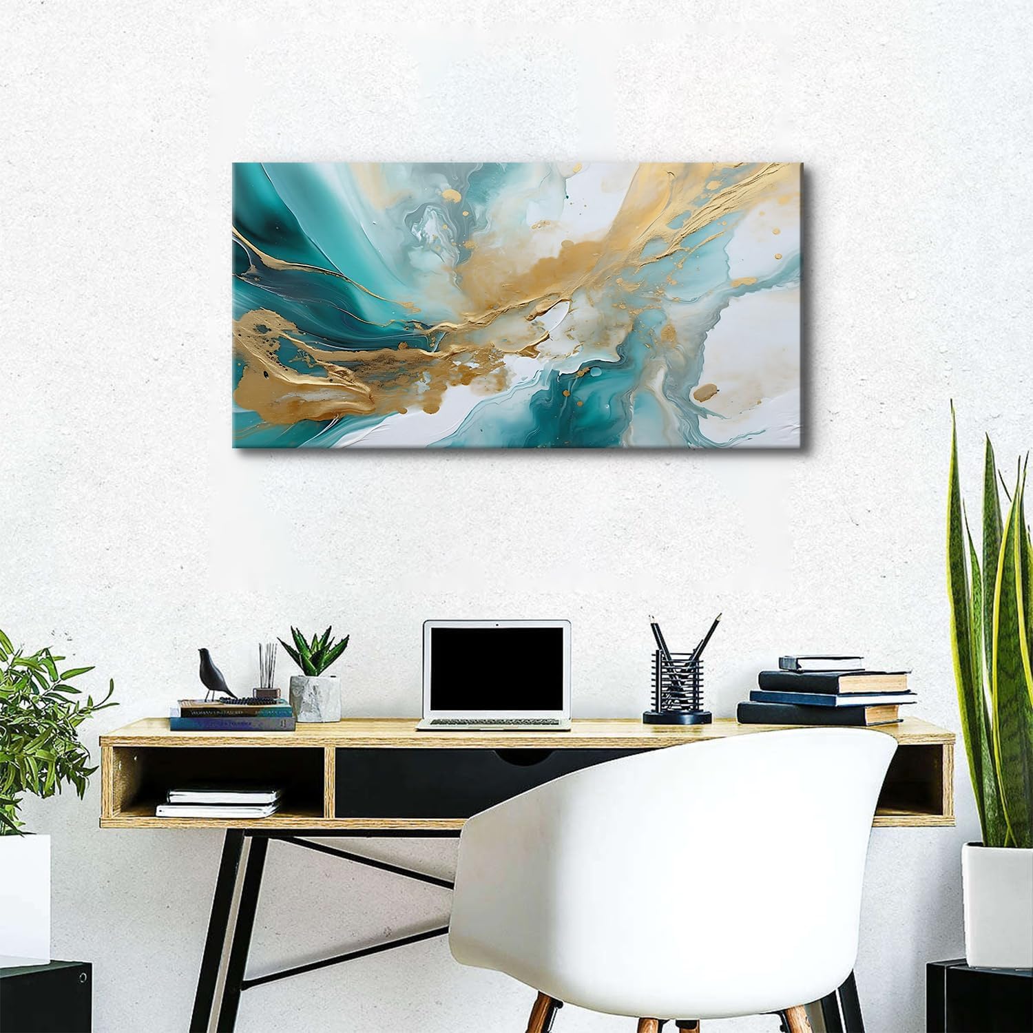 Abstract Teal Wall Art Marble Canvas Picture for Living Room Turquoise Wall Decor Watercolor Teal and Gold Fluid Textured Painting Prints Poster Modern Artwork Bedroom Office Home Decoration 20x40”