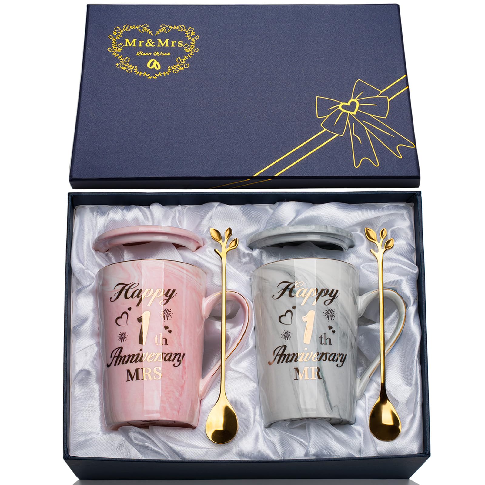 1st Wedding Anniversary Gif-ts, First Anniversary Gif-t, 2PCS Happy 1st Anniversary Gif-ts Mr and Mrs Gifts Marble Ceramic Cup 14oz with Spoon, Giftbox, First Year Anniversar-y Gifts for Couple, Him