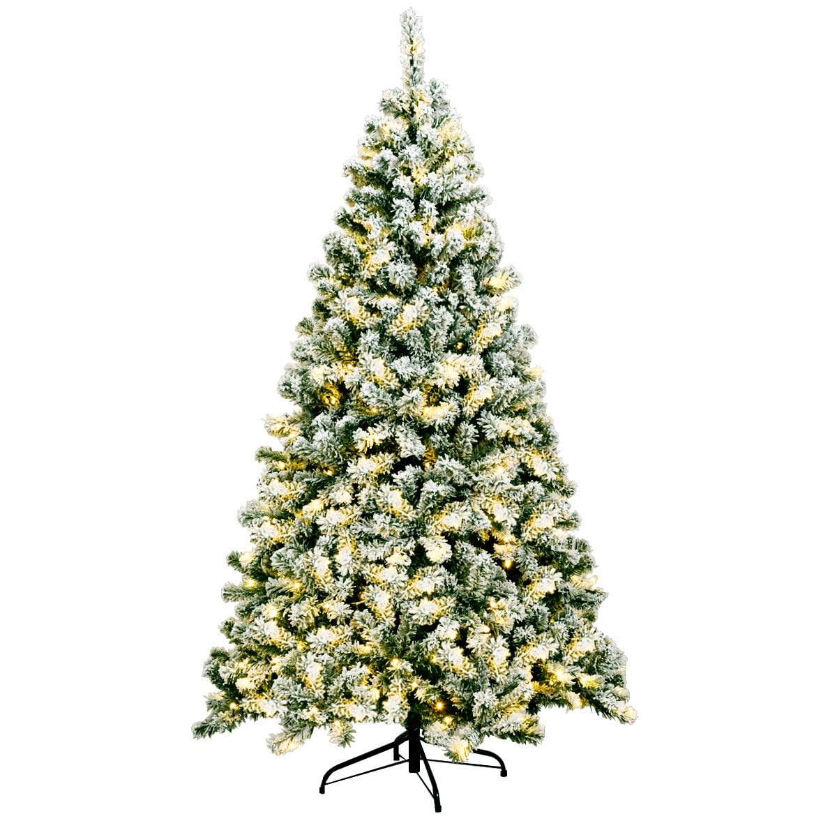 COSTWAY 135/180/225cm Künstlicher Weihnachtsbaum mit Schnee und warmweißen LED-Leuchten, Tannenbaum mit Metallständer, Christbaum PVC Nadeln, Kunstbaum Weihnachten grün (180cm)