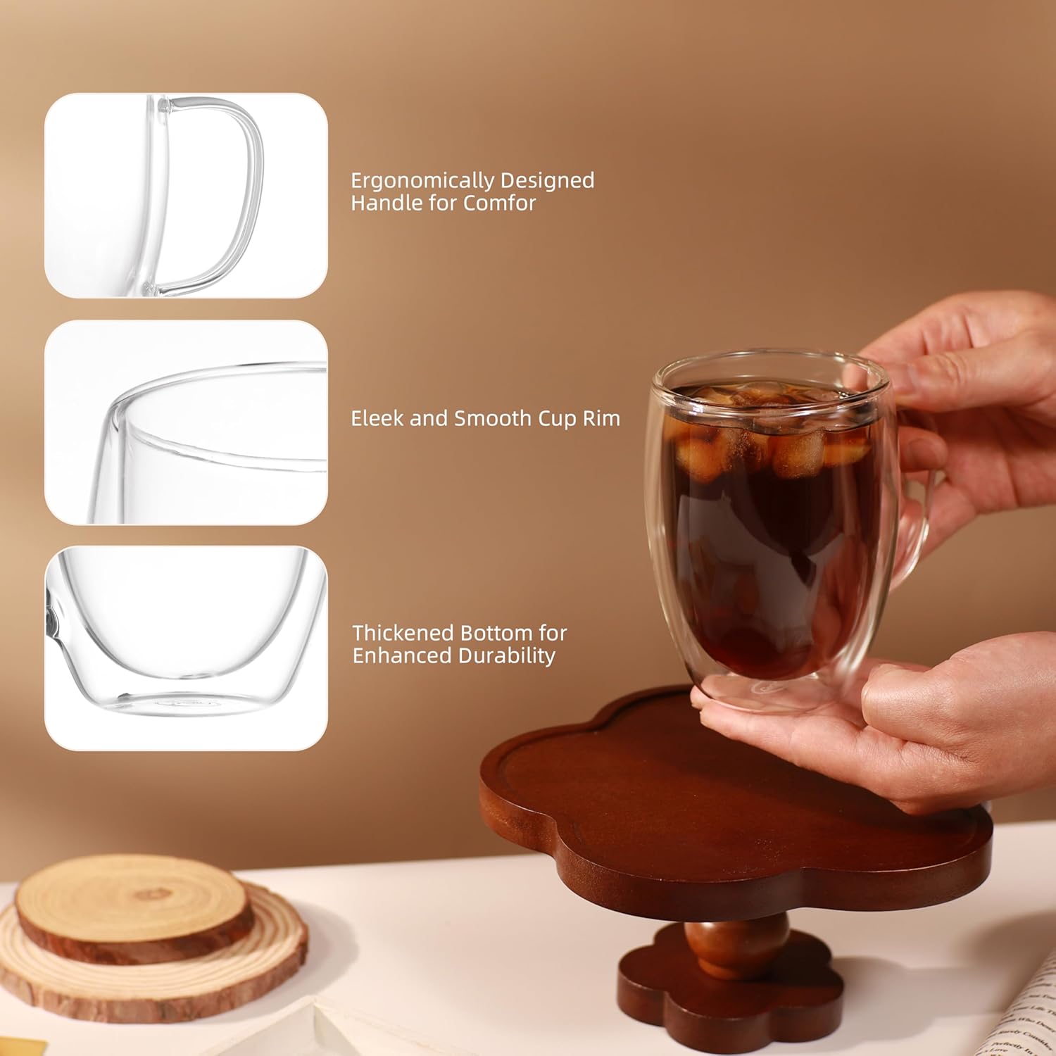 CNGLASS 12oz Double Walled Glass Coffee Mugs,Insulated Glass Mugs with Handle,Clear Espresso Cups for Latte,Cappuccino,Tea Bag,Set of 2 - Image 5