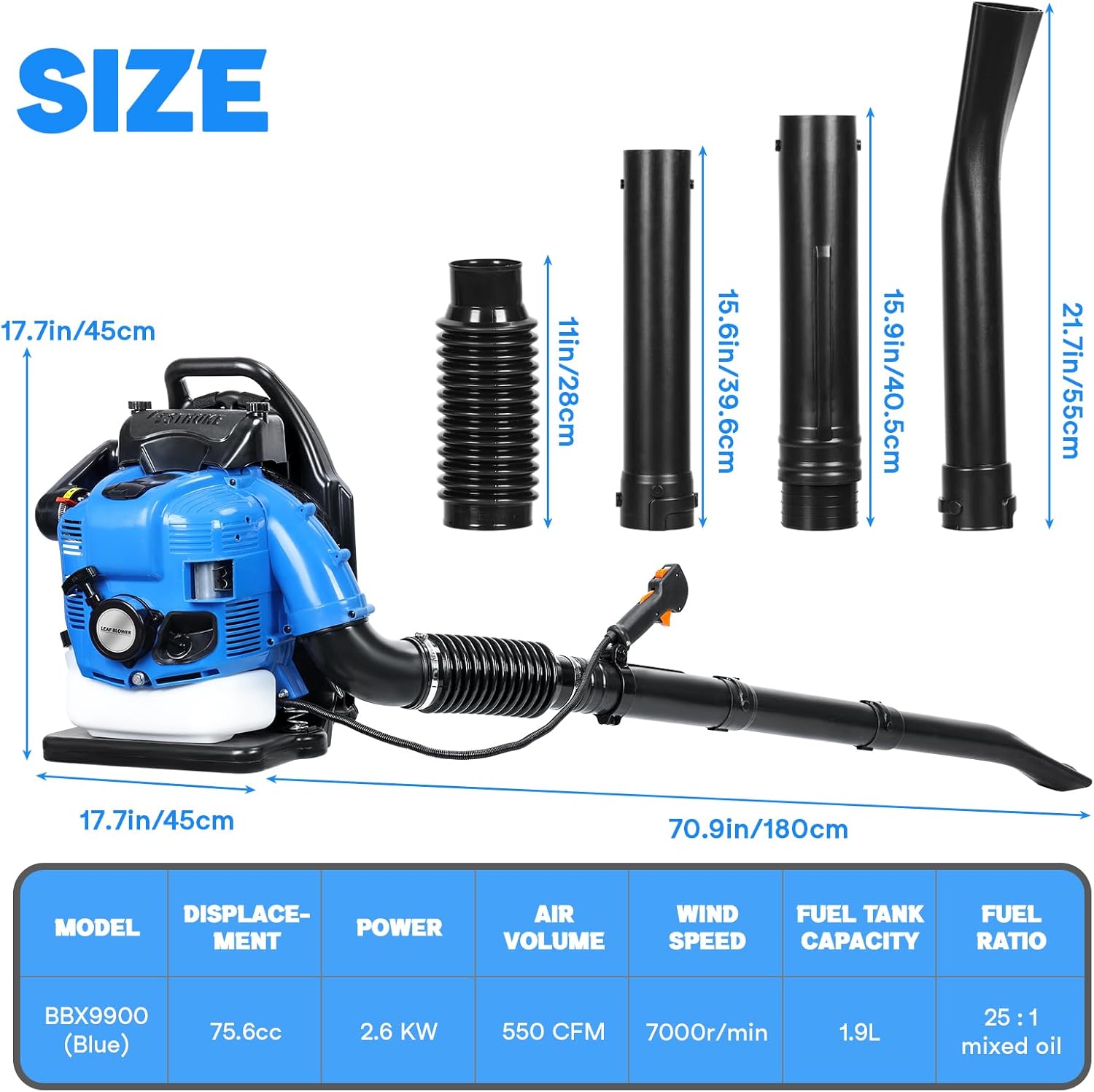 Dimensions and technical specifications of the Cuteam backpack leaf blower.