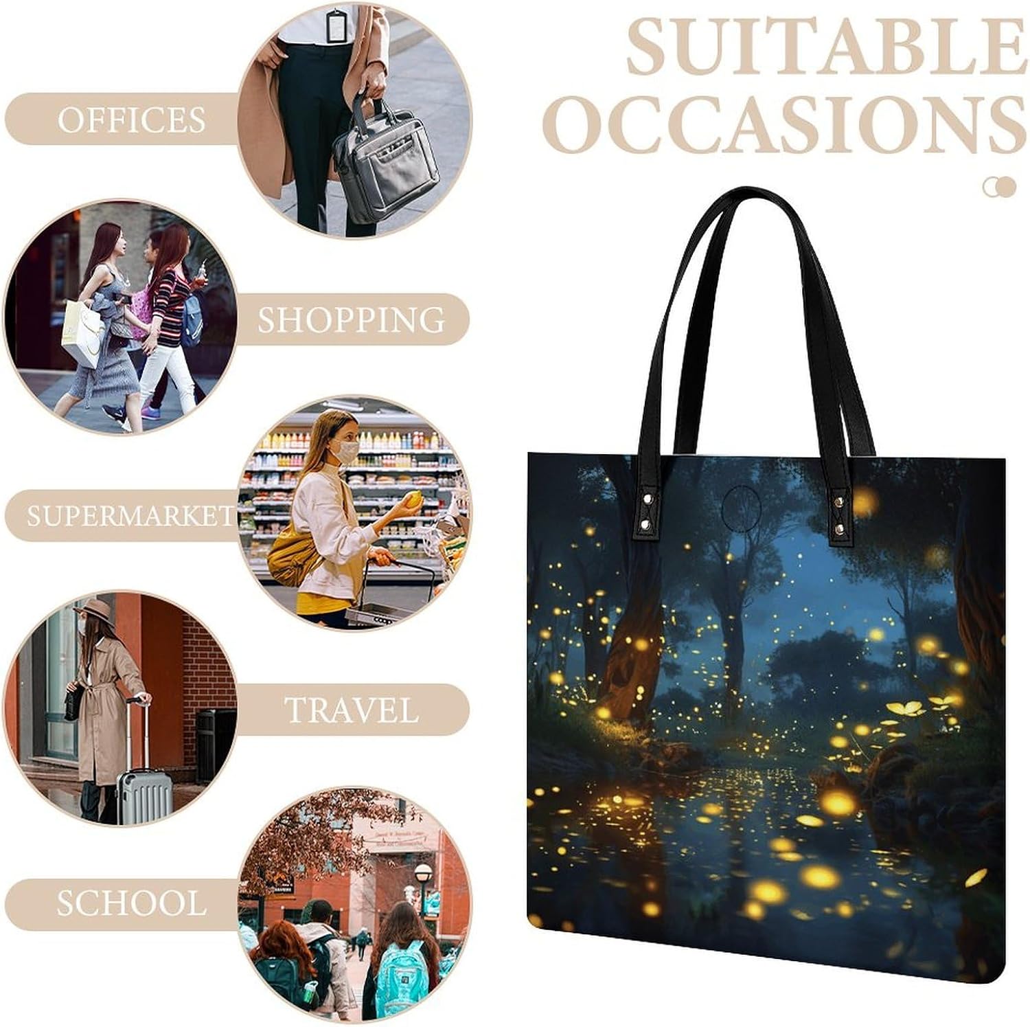 Fireflies Tote Bag with Magnetic Buckle Reusable Grocery Bags Lightweight Cross Body Handbag for Daily Essentials