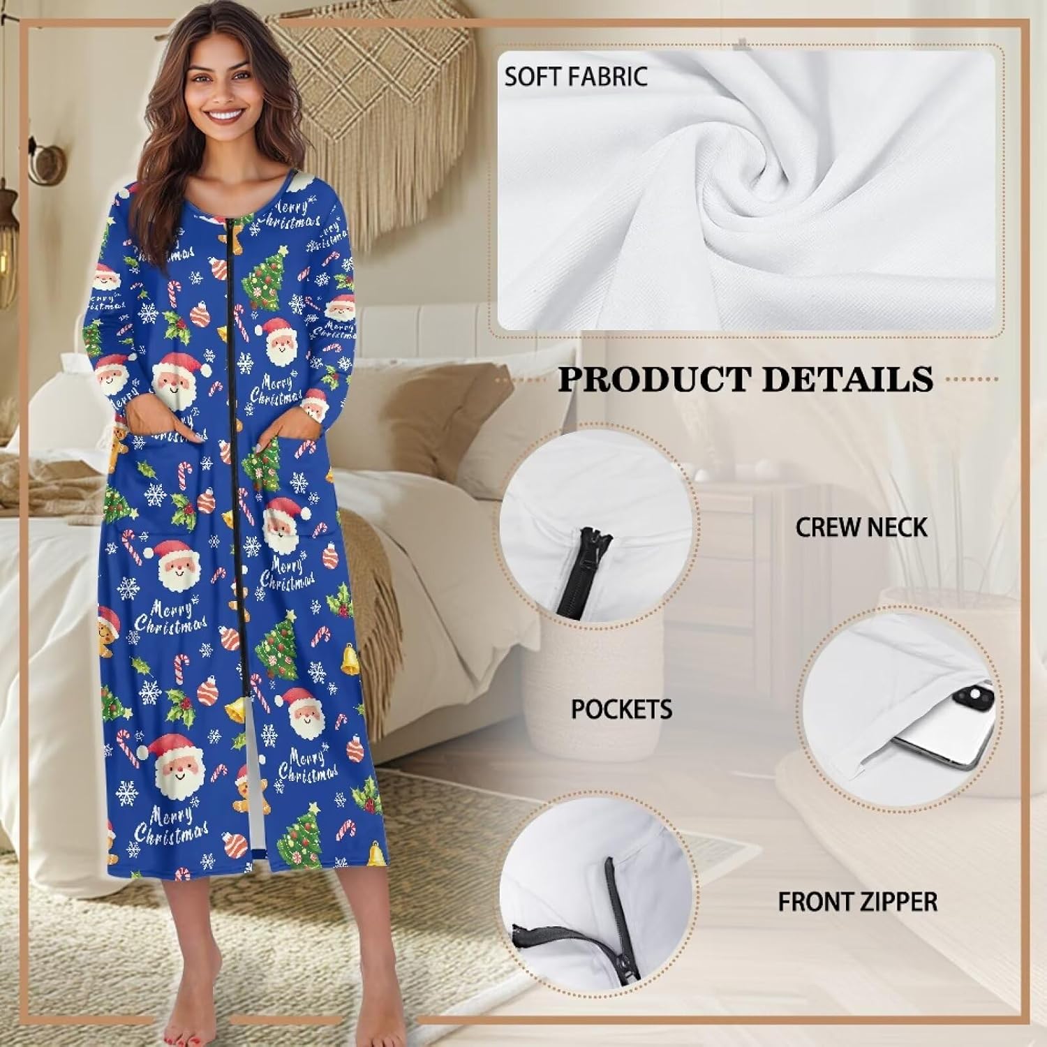 Women's Long Sleeve Nightgown Zipper Front House Dress with Pockets Loose Fit Bathrobe