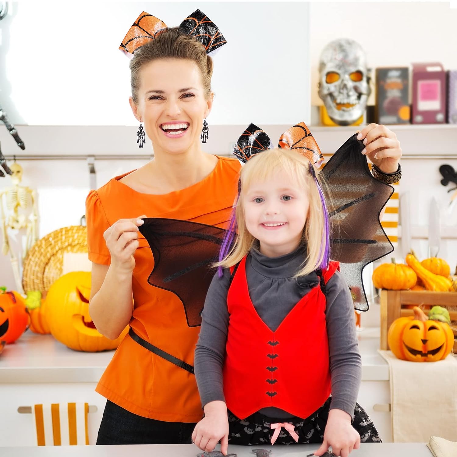 Hotop 10 Pcs Halloween Cheer Bows 8 Inch Spider Web Ribbon,Black, Orange | Jumbo Cheerleading Hair Accessories with Elastic Ties, Grosgrain Material, Ponytail Holders for Girls Teens Spirit Events