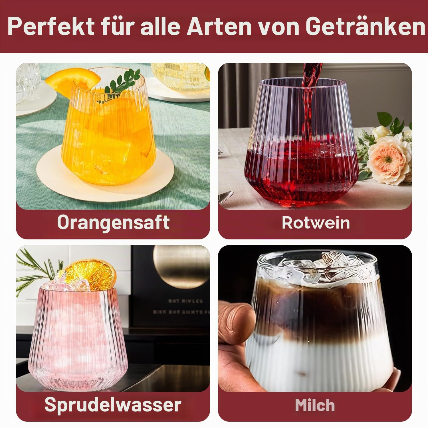 8er-Set 400 ml Weingläser Kunststoff, Plastik Weingläser Mehrweg, Tragbare Camping Gläser Unzerbrechlich, Transparenter Kunststoffgläser mit Geriffelt für Familie, Camping, Party (8er Set)