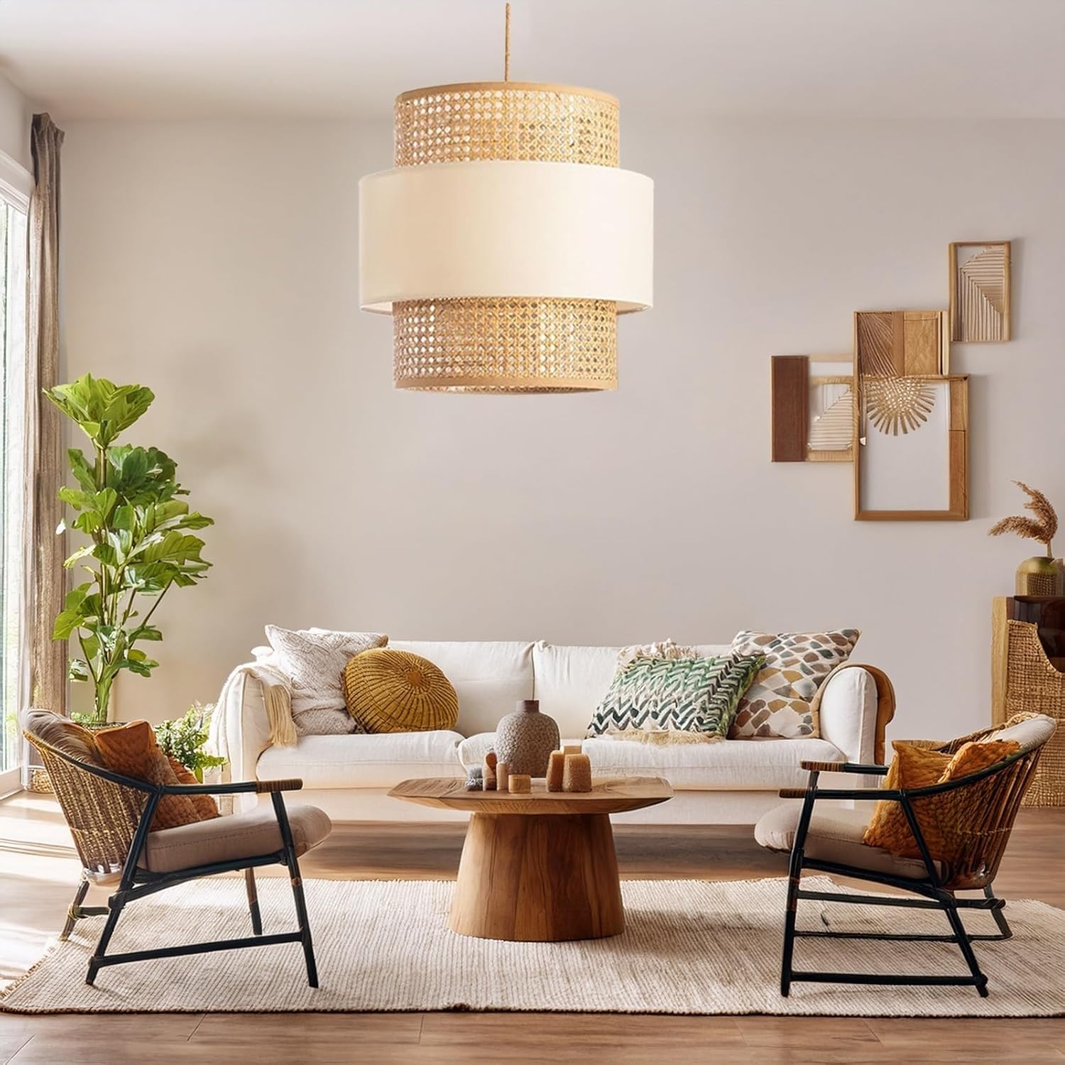Natural Pendant Light, Rattan Fabric 3 Tier Drum Shade, Handwoven Hanging Lamp with Adjustable Cord, 19.7", Farmhouse Ceiling Chandelier for Living Room Dining Room Bedroom Parlour(Large)