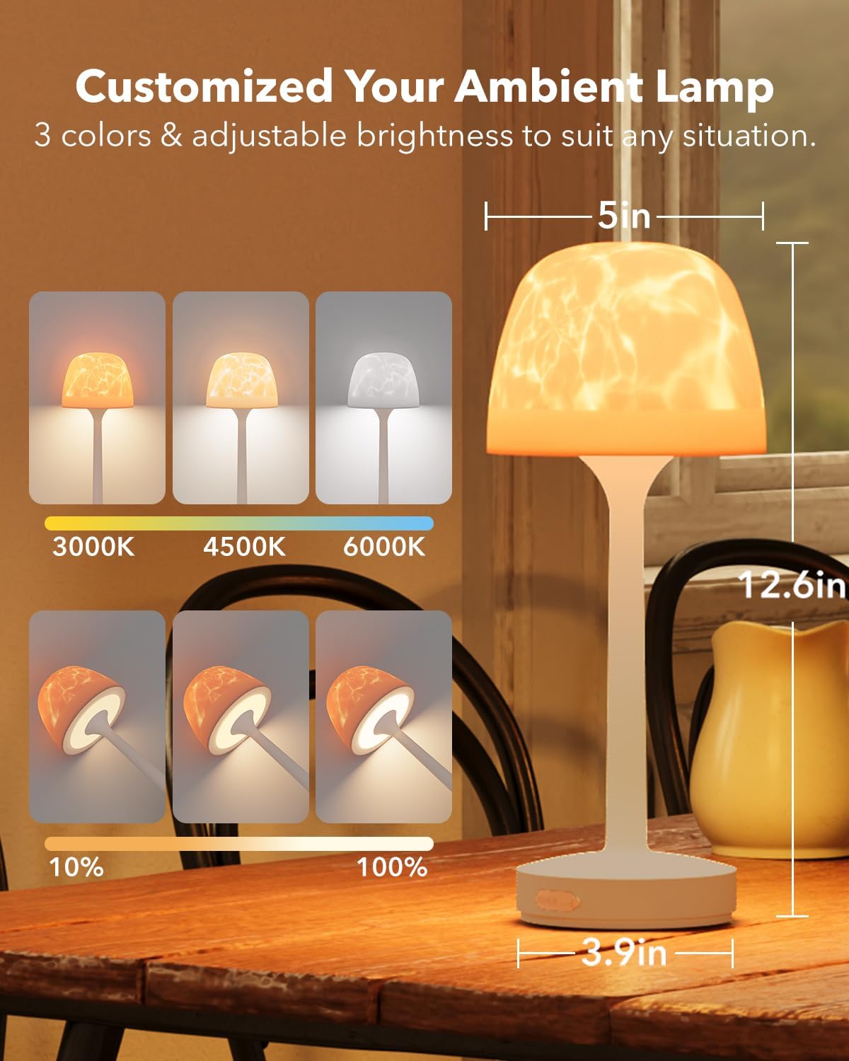 IP65 Waterproof Shower Lamp for Inside Shower, Outdoor Patio Cordless Rechargeable Table Lamp, RGB Ocean Wave Projector, Battery Operated Small Touch Lamps for Kitchen Counter Nightstand Desk Bathroom