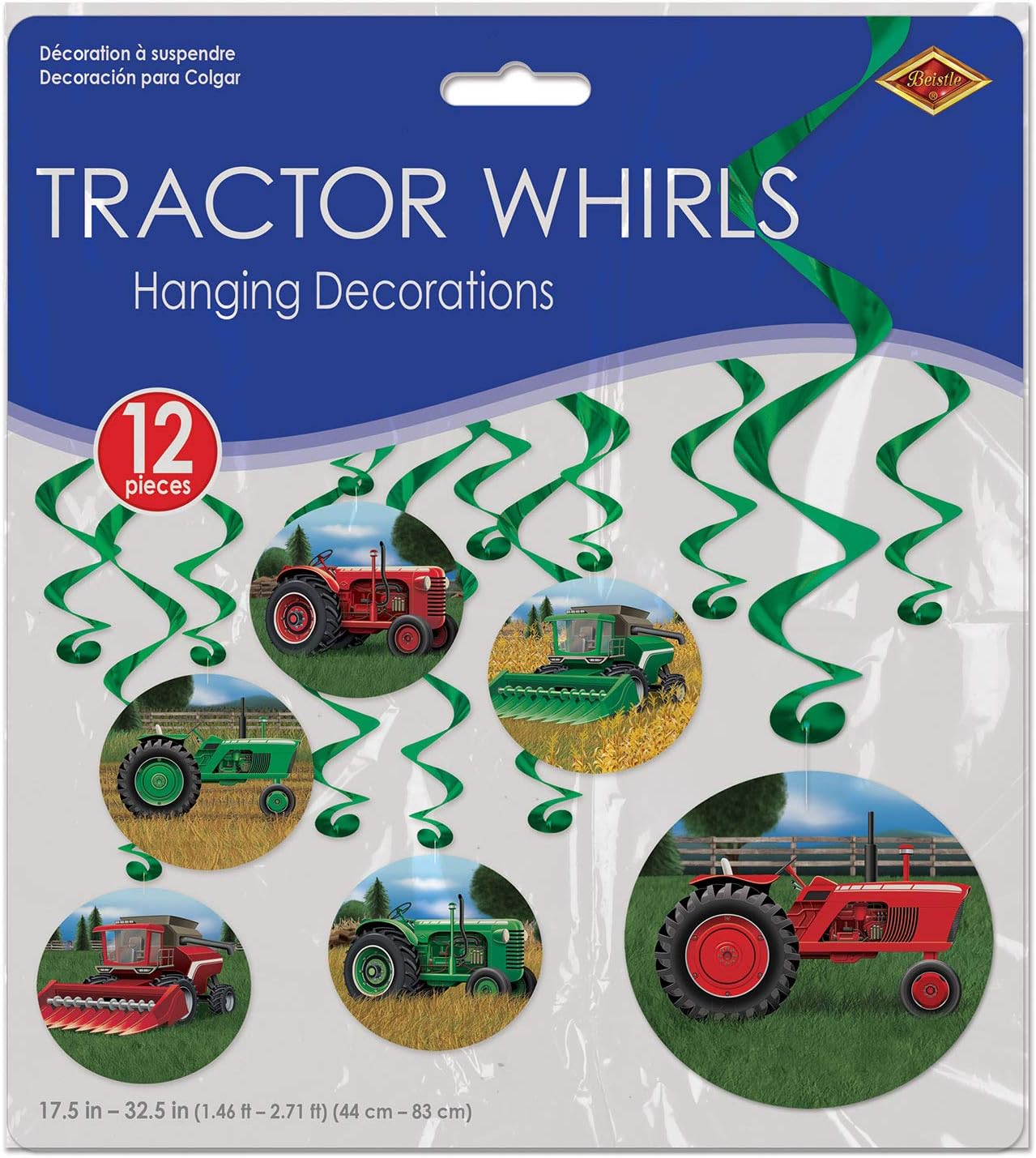 Beistle Farm Birthday Party Supplies, Assorted Farm Tractors on Hanging Whirls 17.5 Inch to 32.5 Inch, Pack 72