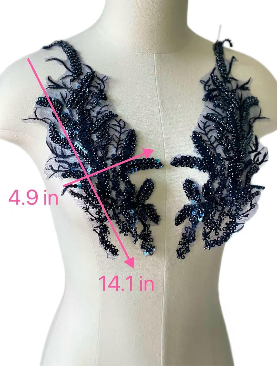 Beaded Applique, Flower Sequin Patch, Navy Applique for DIY Neckline Wedding Bridal Prom Dresses Costumes 14.1x4.9 inches 1 Pair (Navy)