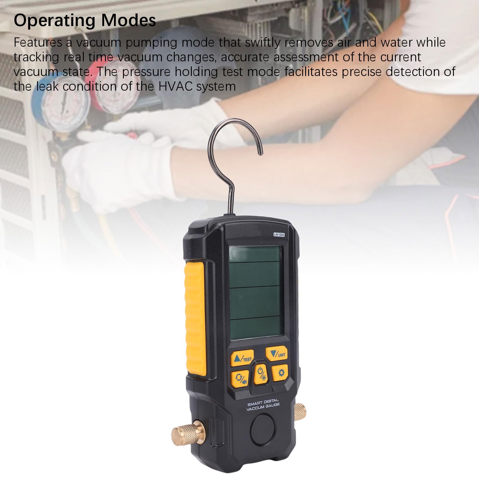 LICAEVEY Medidor de Vacío HVAC, Probador de Vacío Digital de Refrigerante con Sensor Preciso para de CA, Prueba de Fugas de 0-2000 Mbar, Bombeo Multimodo, Apagado Automático, Medidor Portátil