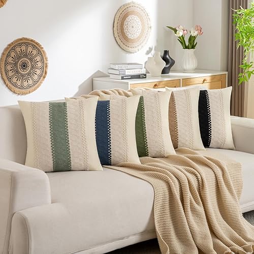 Miniatura 8 de Juego de 2 fundas de almohada de algodón bohemio de color negro de 20 x 20 pulgadas, modernas, rústicas, decorativas, para sofá, cama, sala de