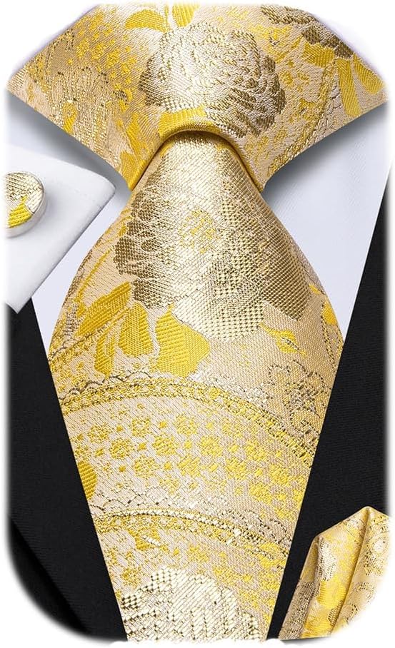 Dubulle Mens Paisley Striped Tie Silk Mens Necktie and PocketSquare Cufflinks Set Wedding Fomral Party, C Yellow