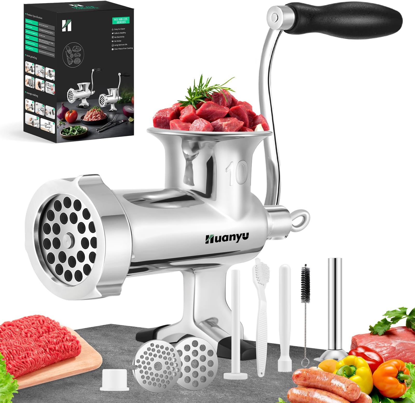 Huanyu Manual Meat Grinder-Heavy Duty Stainless Steel, Hand Crank Grinding Machine for Sausages&Meat-Dishwasher Safe, Multifunctional-Perfect for Home Use&Outdoor with Chicken, Beef, Small Bone (NO10)