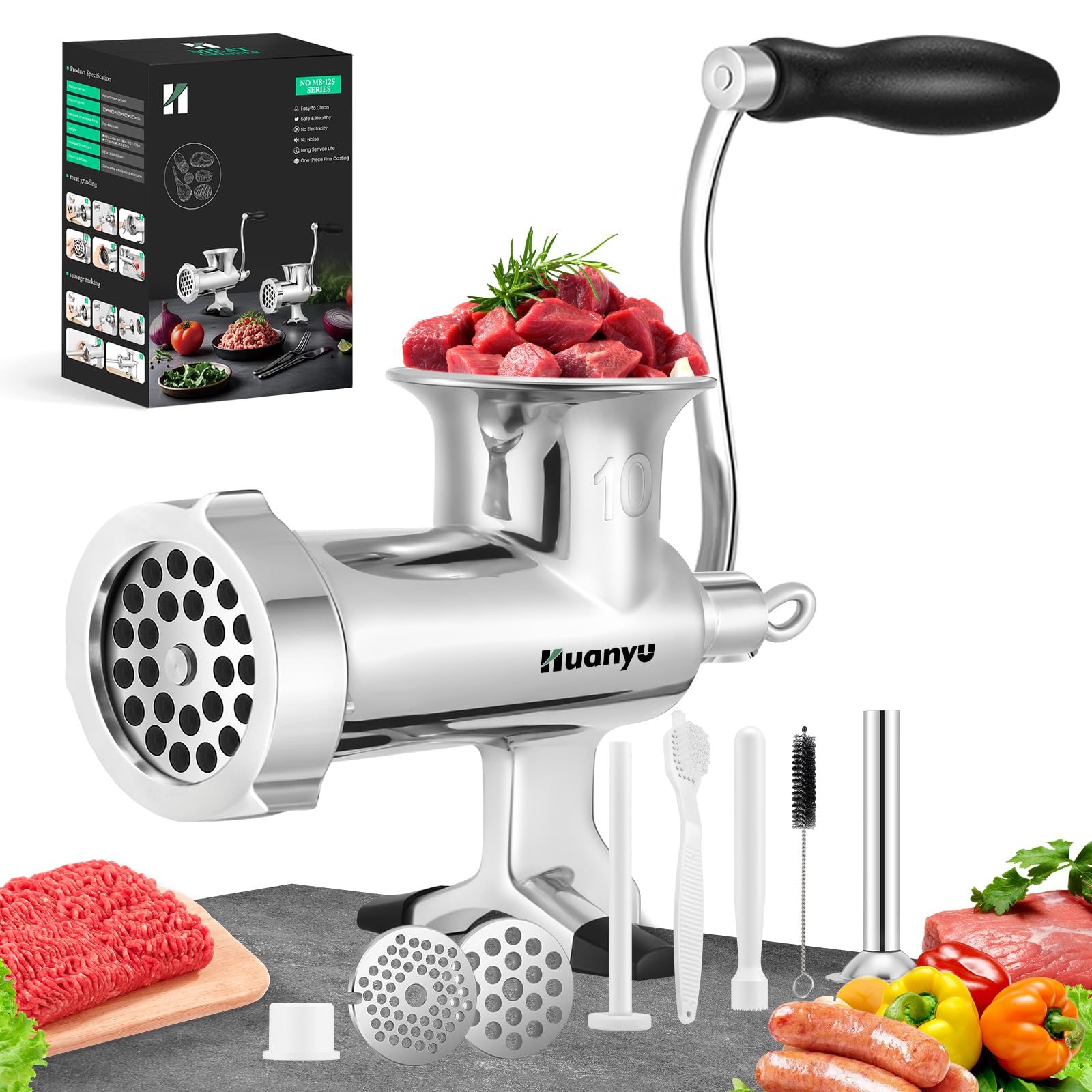 - Huanyu Manual Meat Grinder-Heavy Duty Stainless Steel, Hand Crank Grinding Machine for Sausages&Meat-Dishwasher Safe, Multifunctional-Perfect for Home Use&Outdoor with Chicken, Beef, Small Bone (NO10)