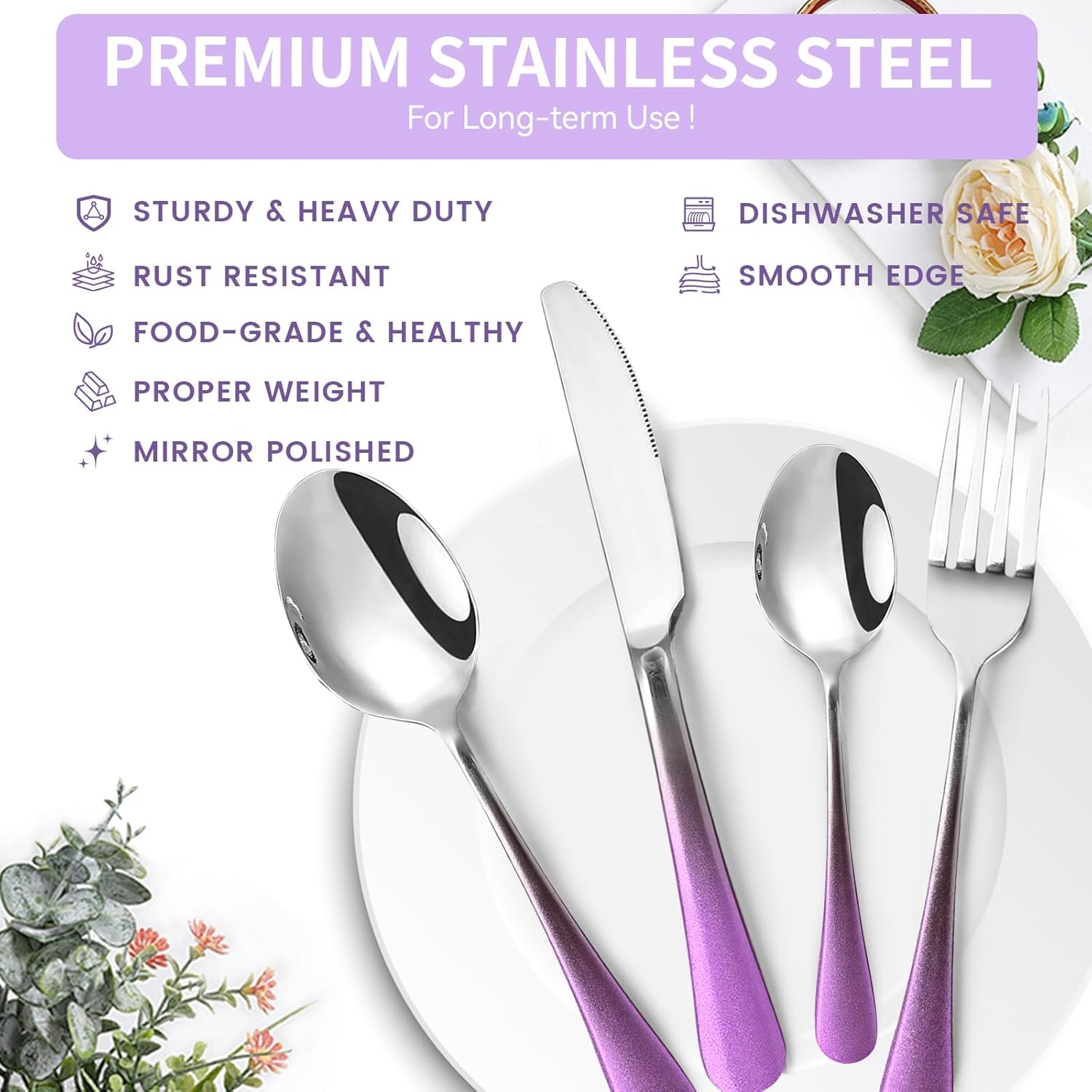 24-Piece Flatware Set with Organizer,Gradient Pink Gold Silverware Set for Family Dining Room,Cutlery Utensil Sets with Antiskid Handle, Mirror Polished (Purple Silver)